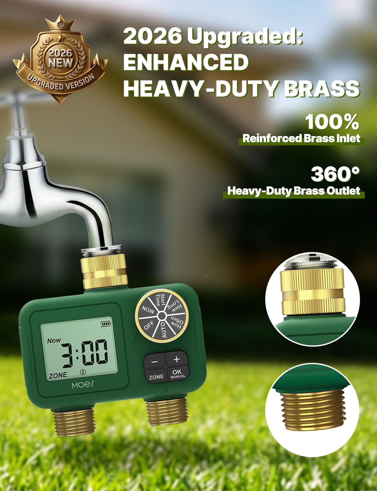 MOES 2 Zone Water Timer for Garden Hose, Heavy Duty Solid Brass Inlet & Outlets, Programmable Sprinkler Timer Battery Operated, Automatic Dual Faucet Valve with Sequential Watering (Non-WiFi)