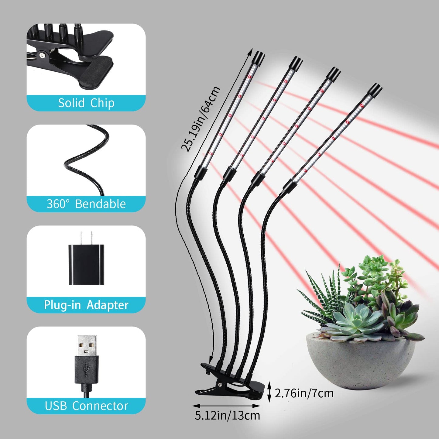 Hywyimlait Black Clip Grow Lights for Indoor Plants, 168 Full Spectrum LEDs Clip Plant Growing Lamps with Flexible Gooseneck and 4/8/12/18H Timer, 3 Spectral Modes, 10 Dimmable Levels (4 Head 1 Pack)