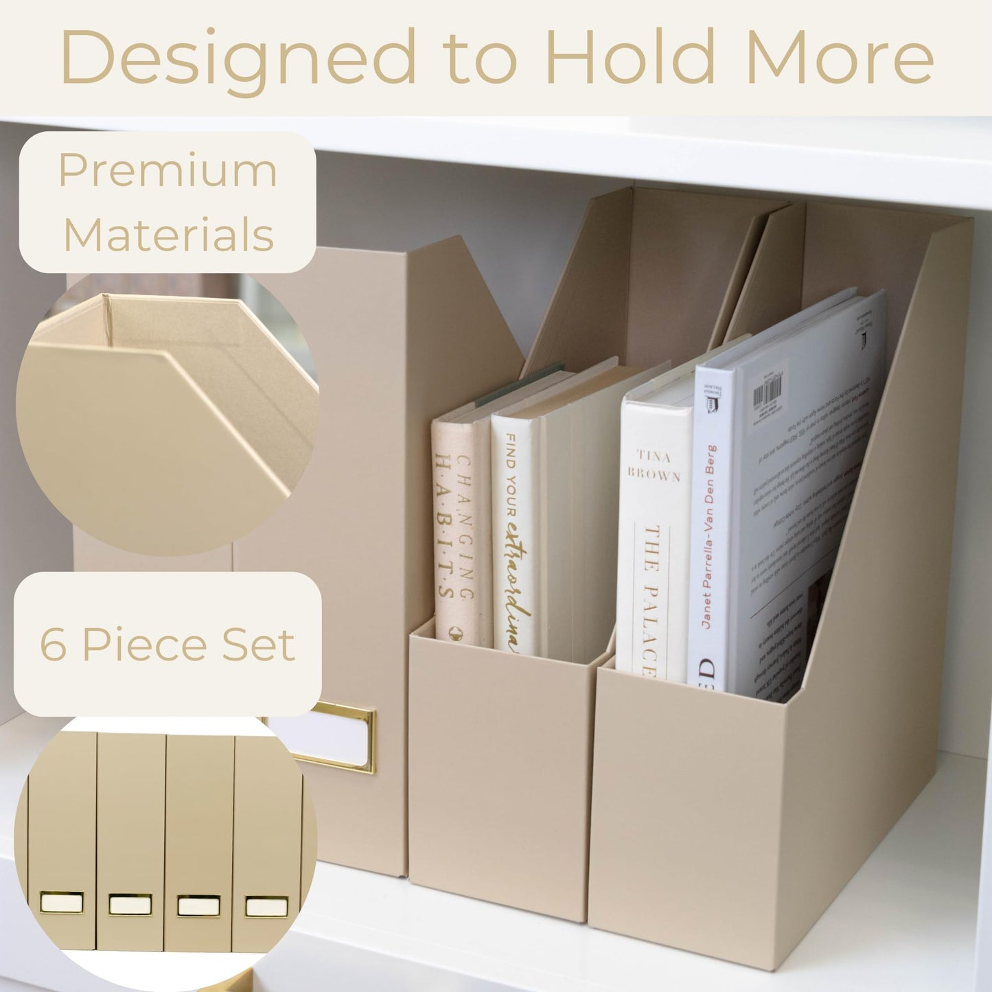 BLU MONACO | Set of 6 Foldable Taupe Magazine File Holders with Label Holders | Vertical File Organizer & File Storage Boxes for Desk, Shelves & Home Office