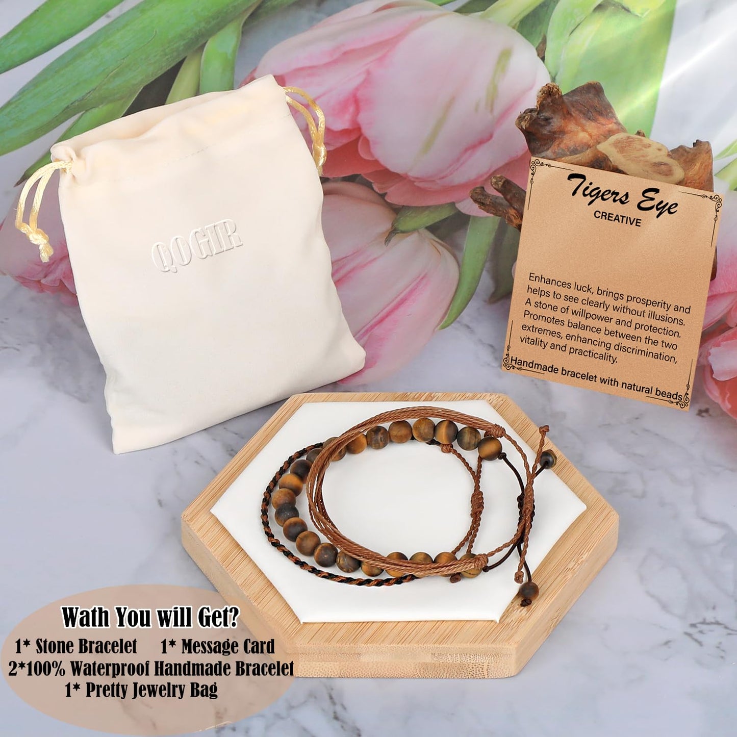 QOGIR Handmade Healing Bracelets,8mm Natural Matte Yellow Tiger Eye Gem Stone Beads Bracelet, for Men Women Gifts with 2PCS Size Adjustable Rope Bracelets