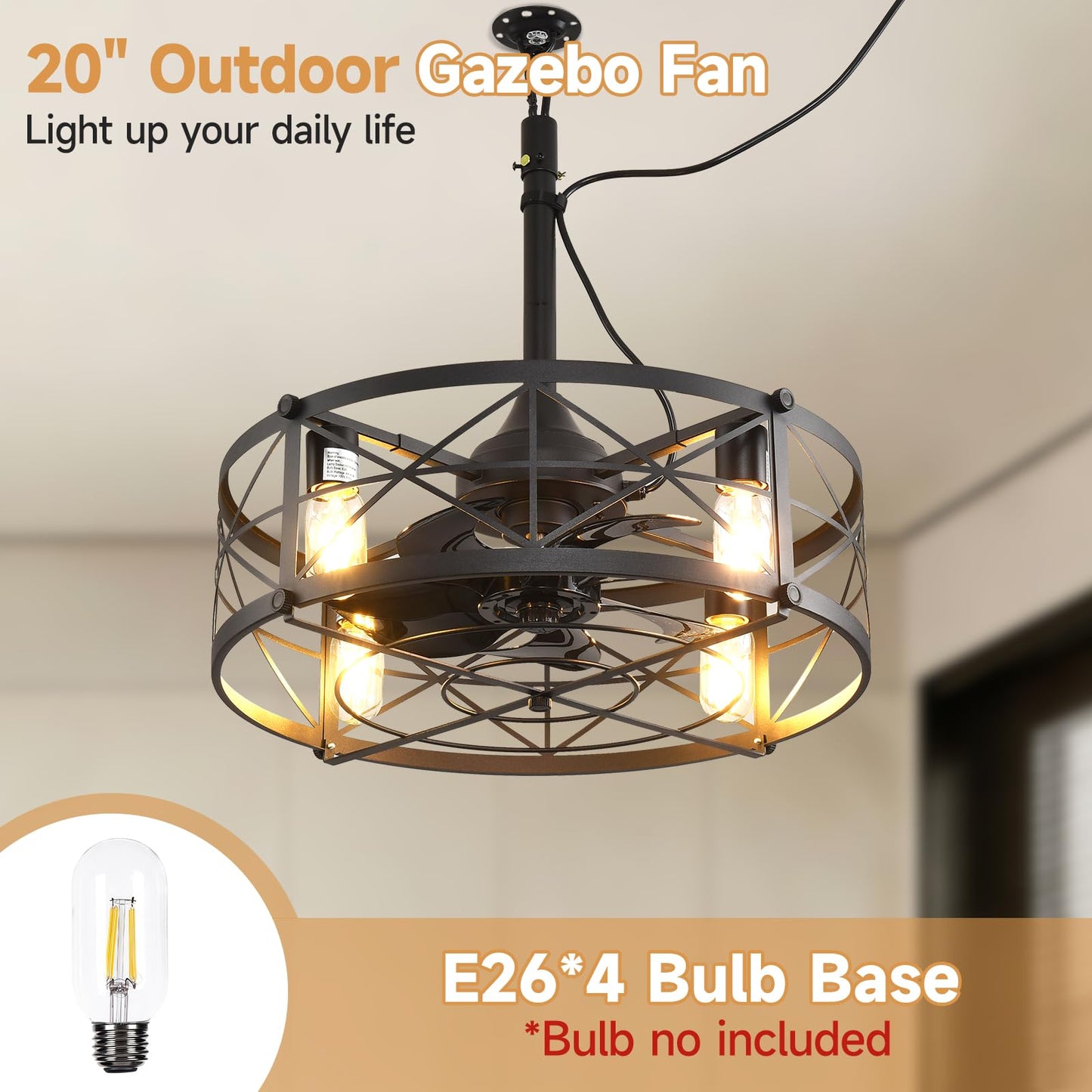 AHAWILL Outdoor Ceiling Fan with Light,20" Gazebo Fan Remote&APP Control,Outdoor Hanging Fan,6 Speeds and Timing,Plug in Caged Ceiling Fan for Patio,Farmhouse,Porch,Pergola.Black