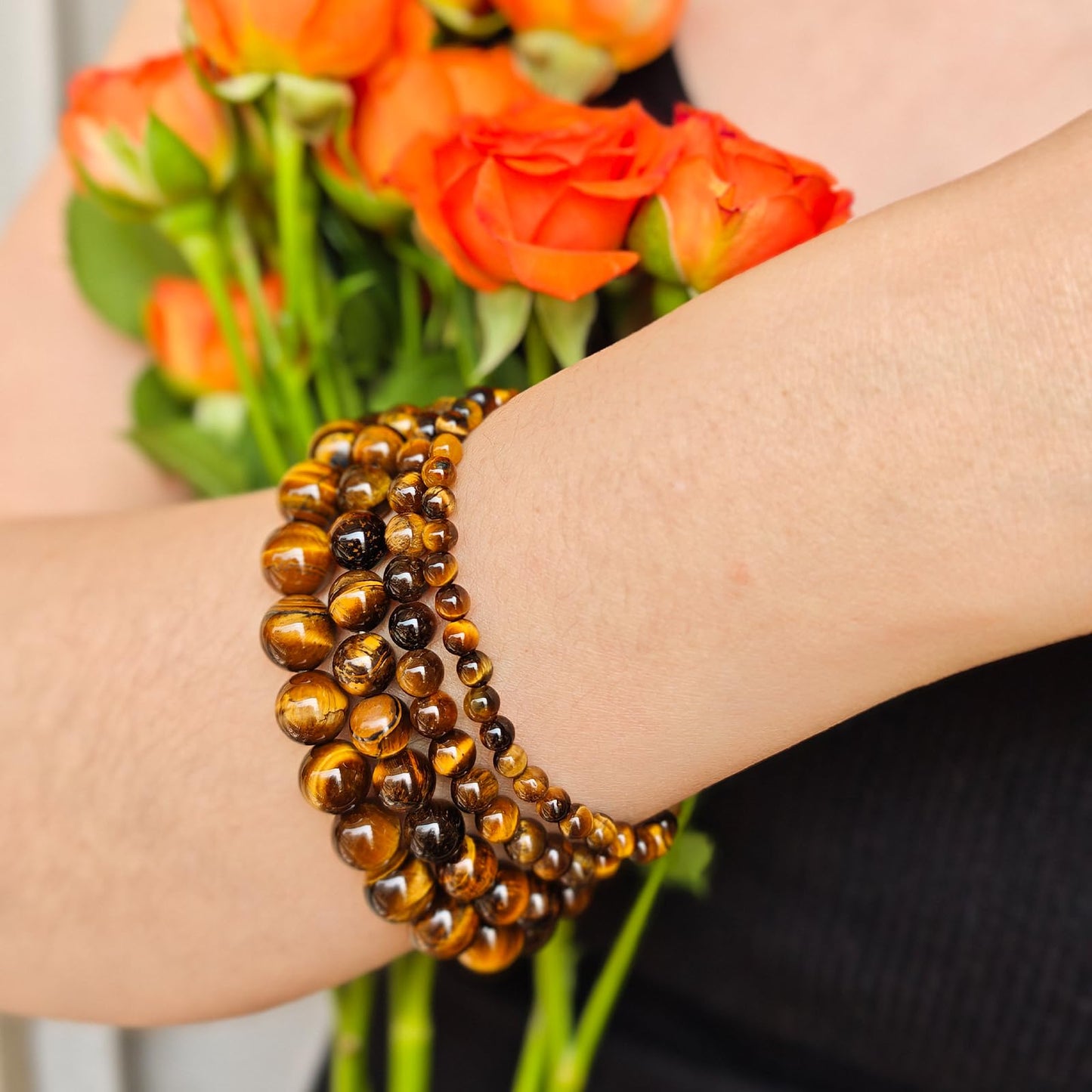 Handmade Natural Gemstone Elastic Bracelet - Healing Crystal Beads Jewelry, Unisex (Yellow Tiger's Eye, 8mm)