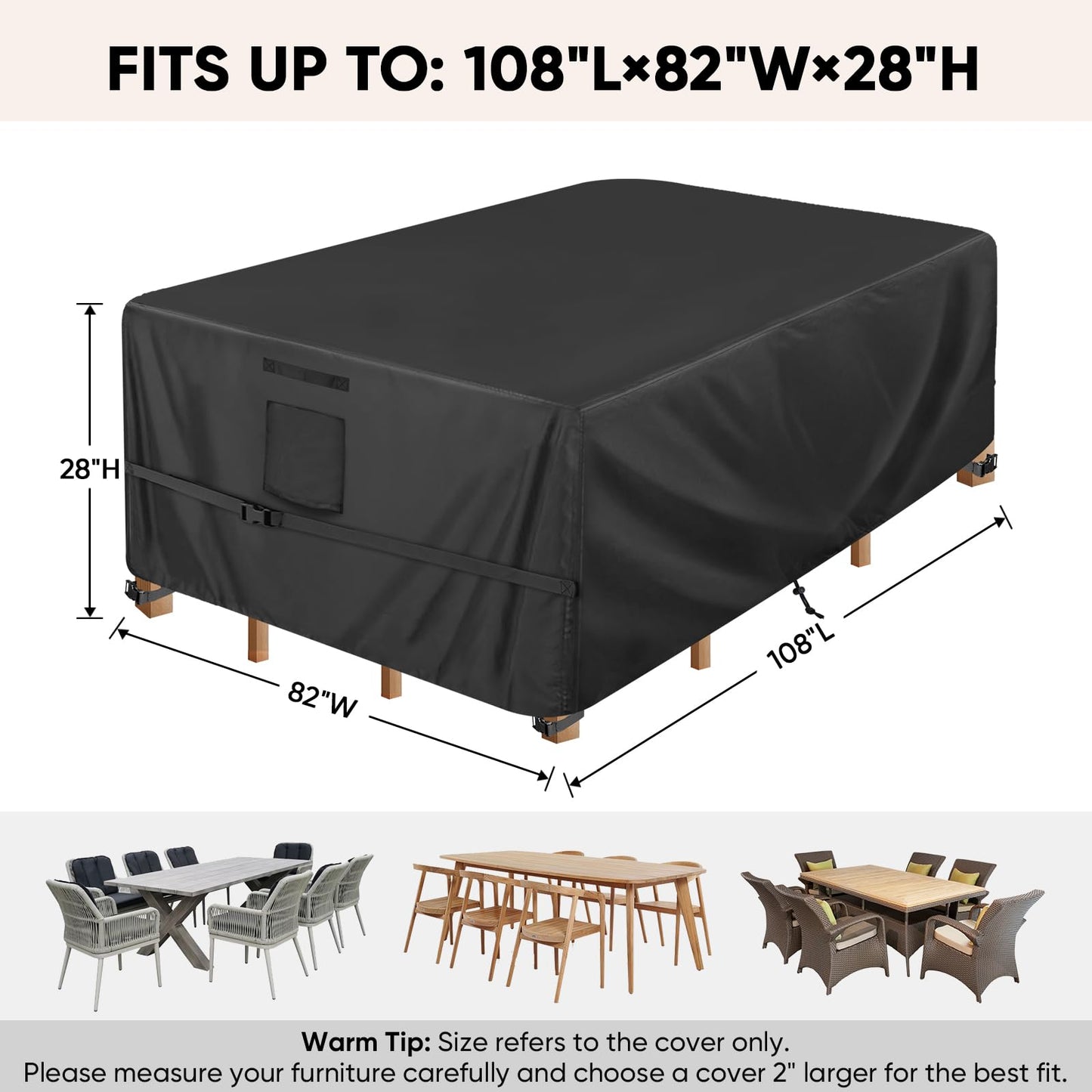 BALEINE Patio Furniture Covers, Outdoor Furniture Covers Waterproof, Heavy Duty Oxford Patio Table Cover for Outdoor Table, Chair, Sofa, Desk (Black, 108"L x 82"W x 28"H)