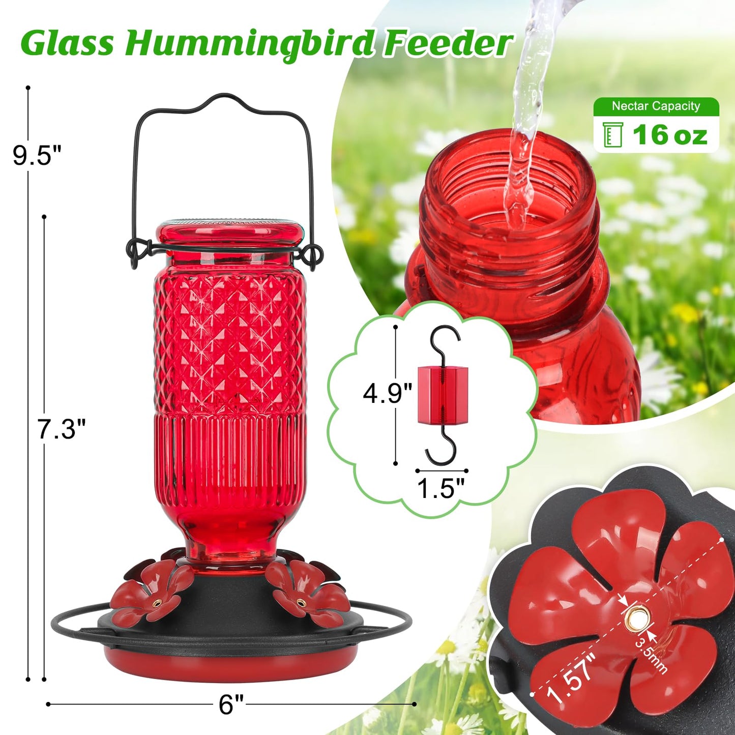 FEED GARDEN Glass Hummingbird Feeder, 16oz Outdoor Hanging Bird Feeder with Ant Moat, 4 Bee-Proof Feeding Ports, 360° Perch, Leak-Proof, Red