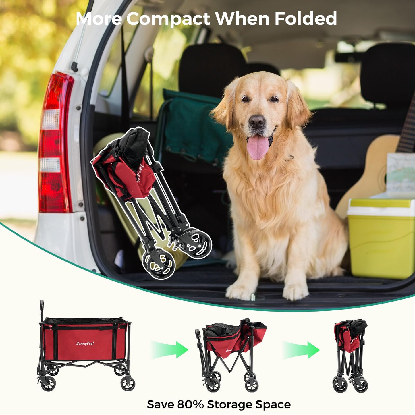 SUNNYFEEL Collapsible Wagon Cart, 200LBS Capacity Foldable Camping Cart with Wheels, Adjustable Handle， Lightweight Wagon for Shopping, Garden，Beach & Pet Use
