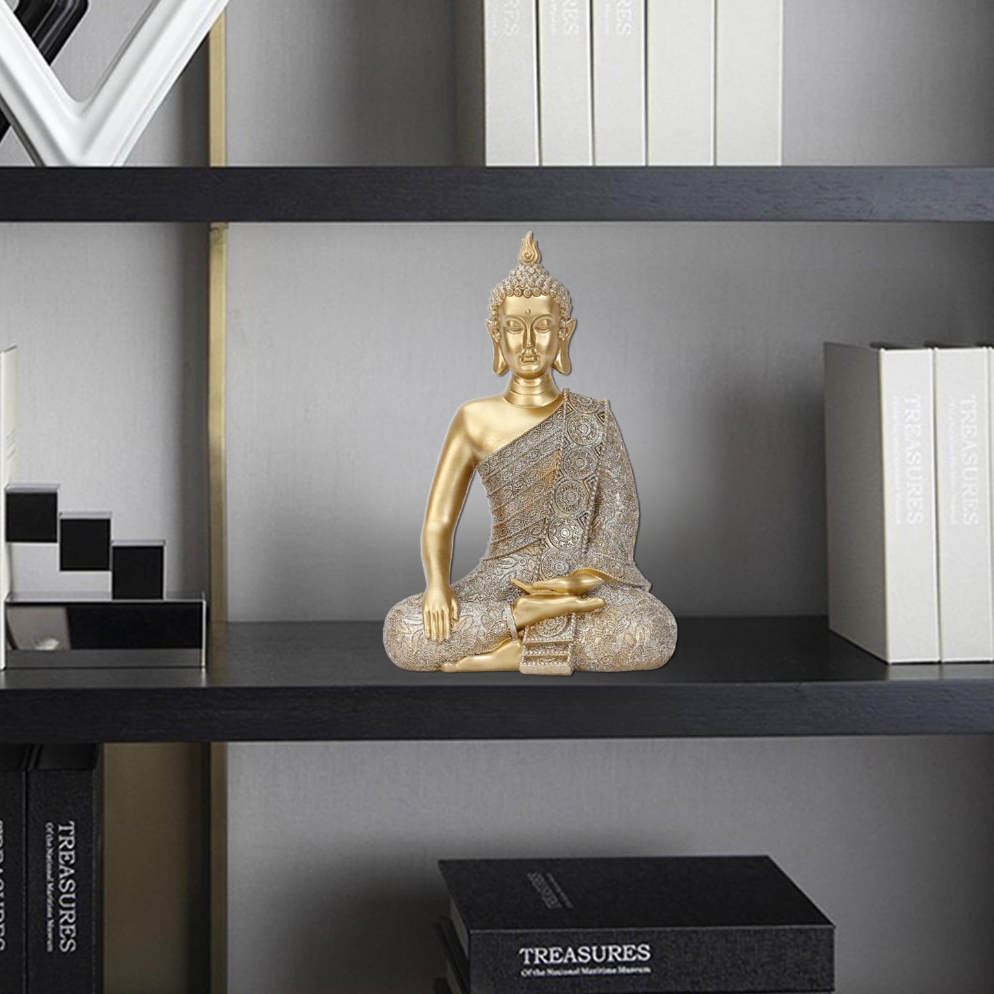 Golden Buddha Figurine - Meditating Seated Buddha Statue - Polyresin Statuary Meditation Figurine Altar Spiritual Decoration Indoor Outdoor Asia Sculpture for Garden, Patio, Deck, Porch Yard Art