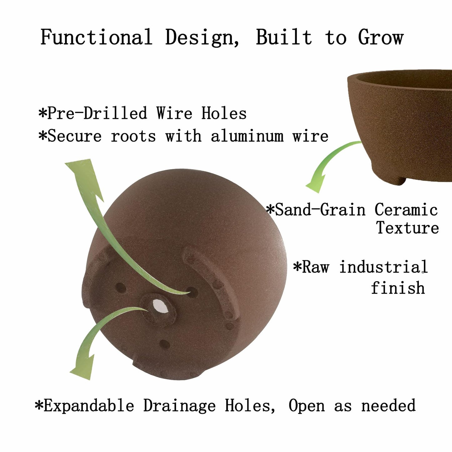 TINYVISTA 7” Brown Unglazed Bonsai Pot with Drainage Holes - Ceramic Clay Planter for Ficus Trees, Succulents & Indoor Plants, 3.3" High Round
