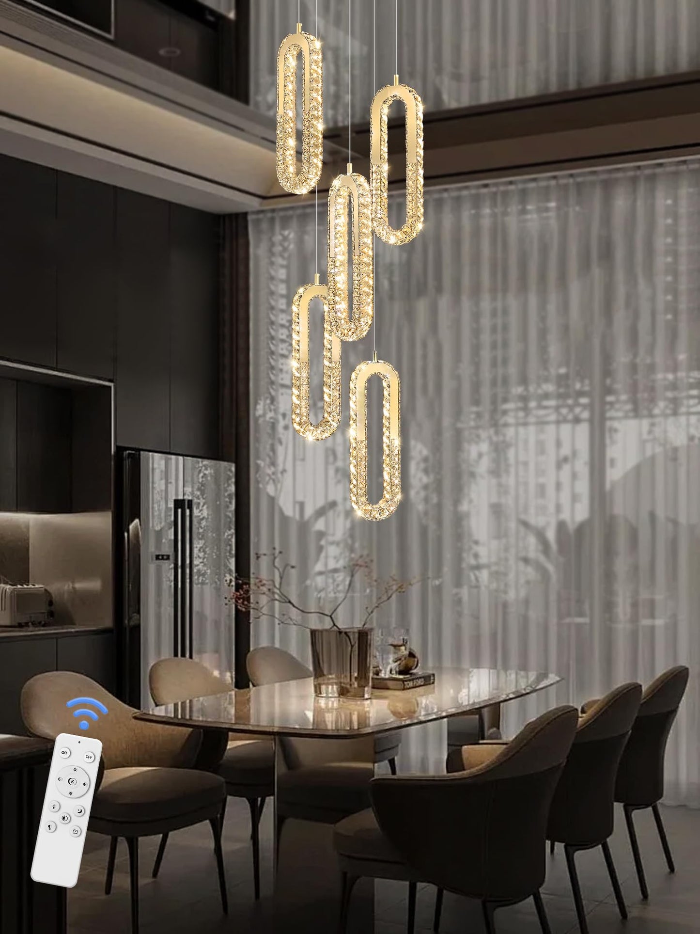 ykolupty 5-Lights Modern Crystal Chandelier for High Ceiling LED Dimmable Ring Pendant Chandeliers Stairwell Chandelier Lighting Gold