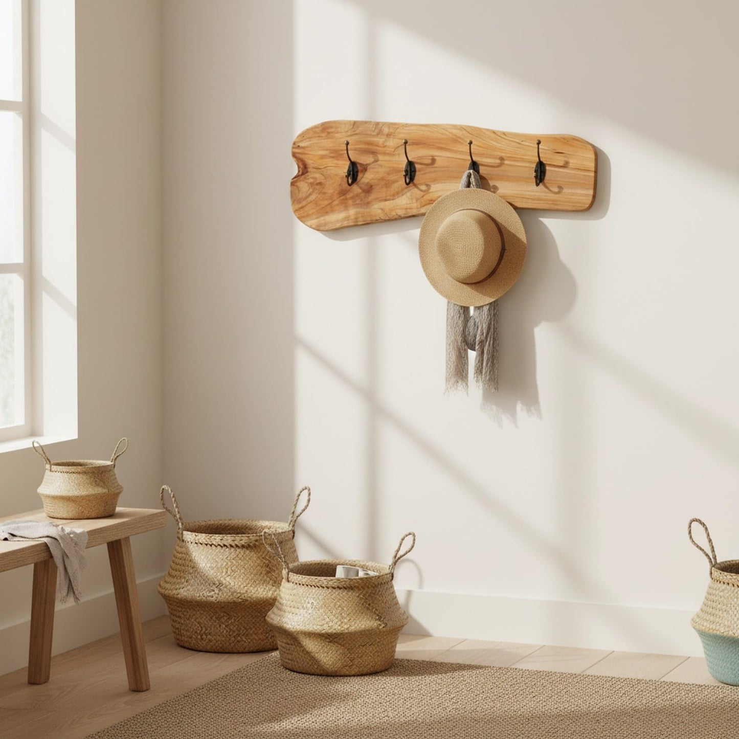 WELLAND Rustic Cedar Wooden Coat Rack with 4 Hooks, Heavy Duty Wood Decorative Wall Hooks for Hanging Coats, Key, Cap