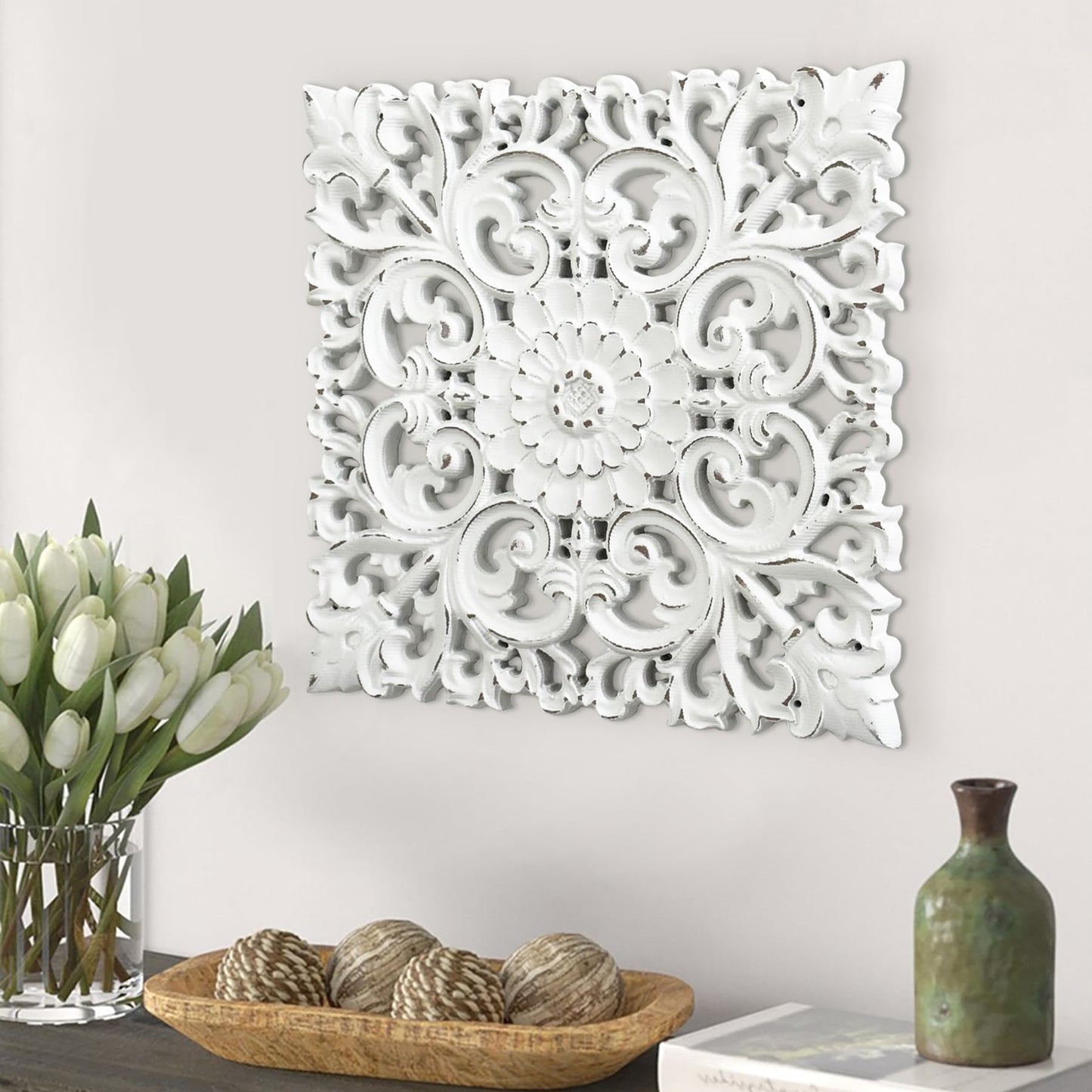 Musanpou Unique Hand Carved Wooden Wall Panels with Hanging Floral Decorations - Rustic Farmhouse Living Room and Bedroom Wall Decoration