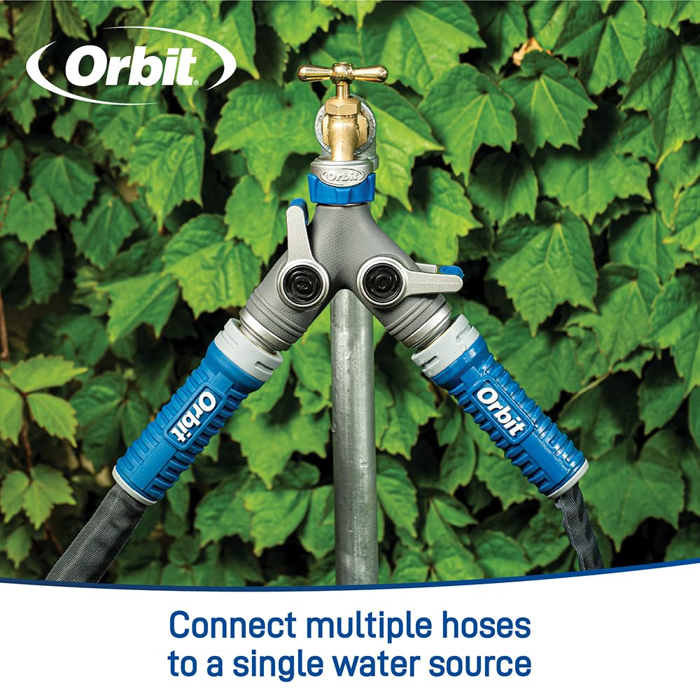 Orbit XL 2-Way Garden Hose Splitter – Dual Valves, Heavy-Duty Zinc Y Connector, Easy-Grip Lever Shut-Off 28294