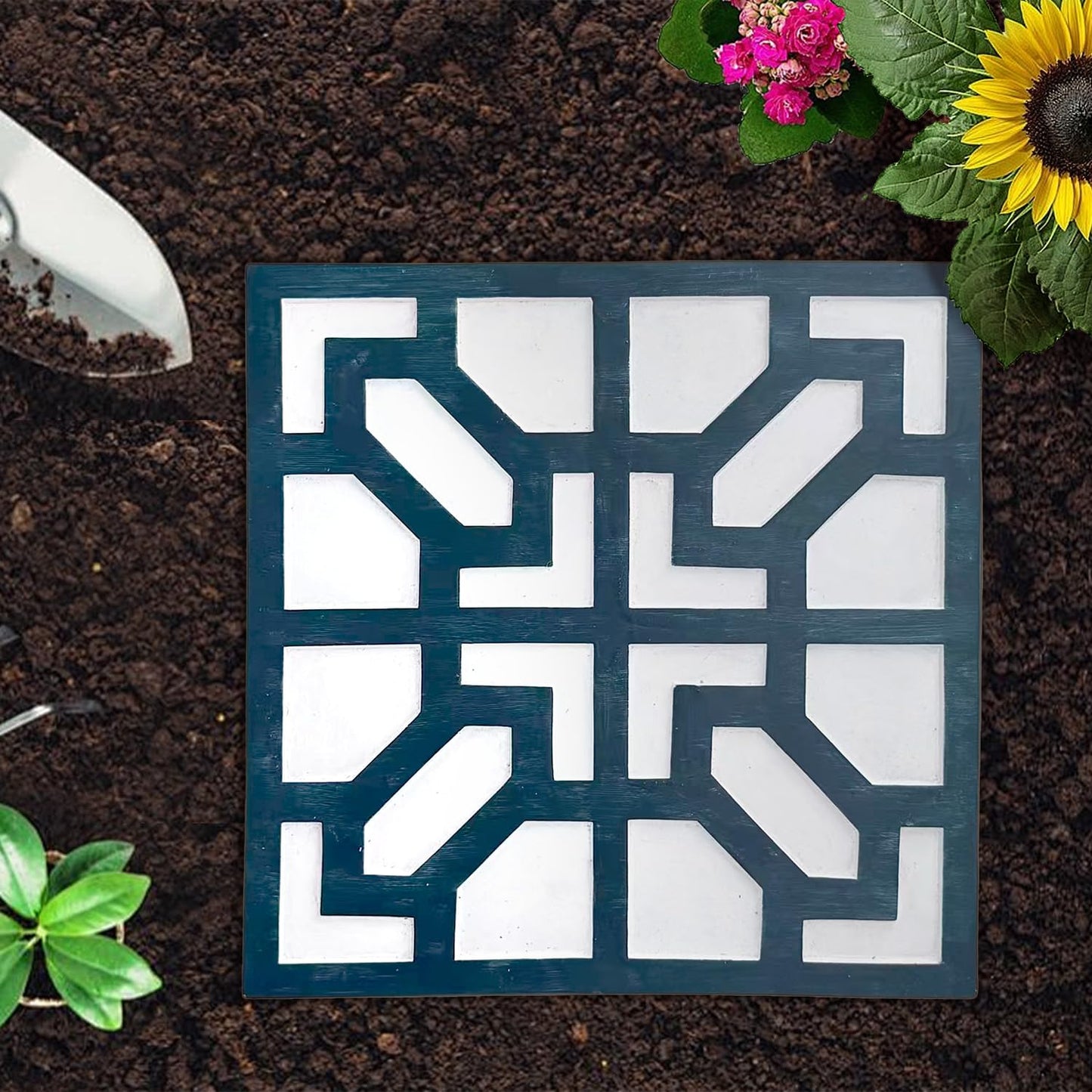 2 Pack Square Stepping Stones, 10” Cement Garden Path Stones in Moroccan Tile Design, Modern Geometric Outdoor Patio Decor, Weather-Resistant (Midnight Indigo)