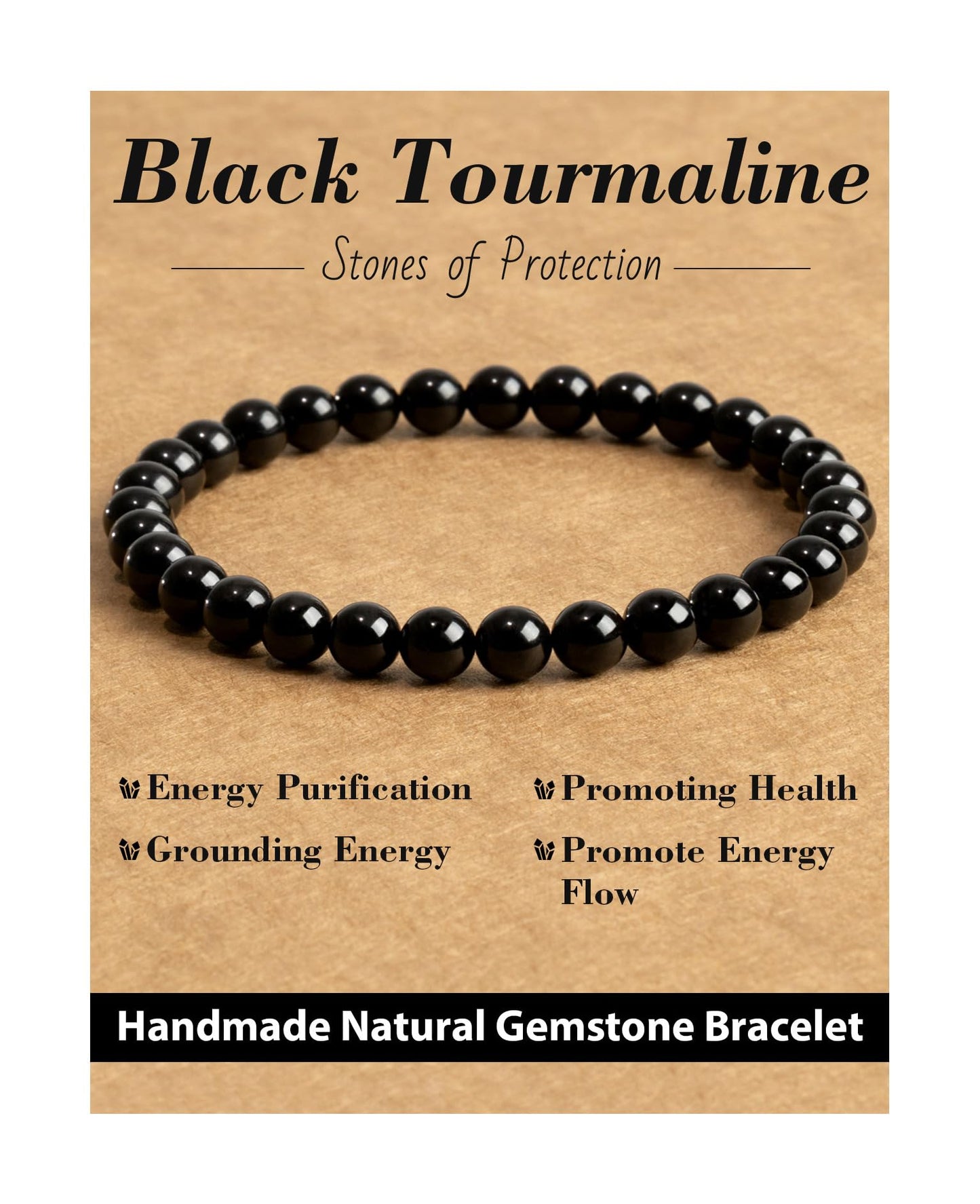 Landorilo Beaded Bracelet for Men Women, 6mm Natural Stone Black Tourmaline Healing Crystal Stretch Bracelets, Ideal Christmas Birthday Jewelry Gifts with Energy Card，Replacement Beads Included