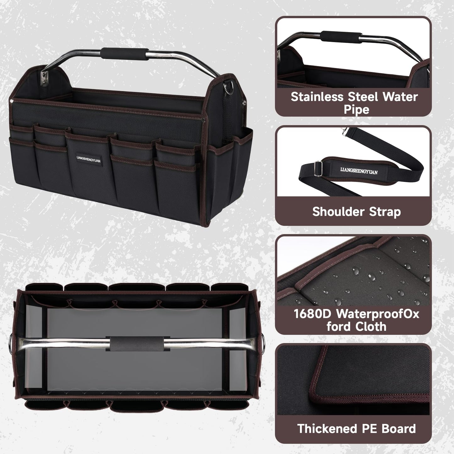16 In Tool Carrier, Open Top Tool Tote 30 Pockets, Waterproof Tool Bag For Men, Foldable Wide Mouth Electricians Tool Bag, With Stainless Steel Handle and Removable Shoulder Strap