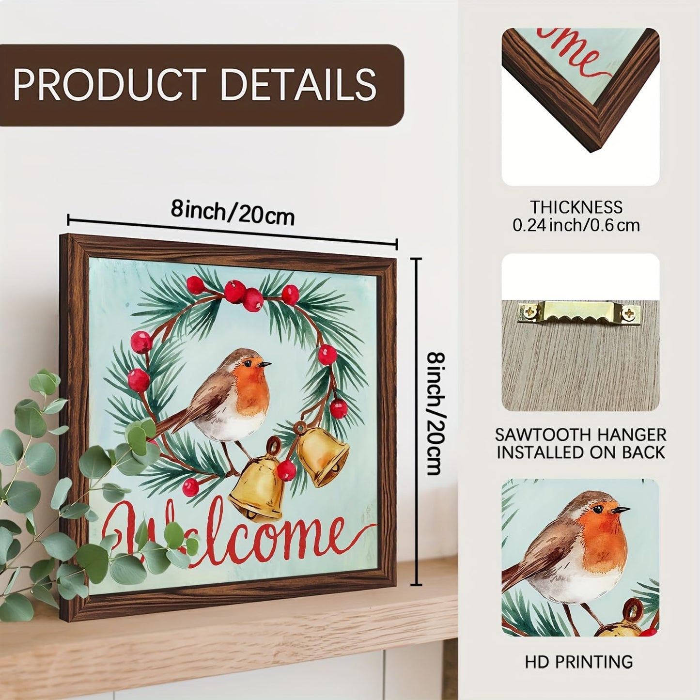 Welcome Sign Decorative Wooden Framed Sign Christmas Decor Sign Winter Robin and Berries Wall Art for Christmas, Entryway, Home 8x8 Inch