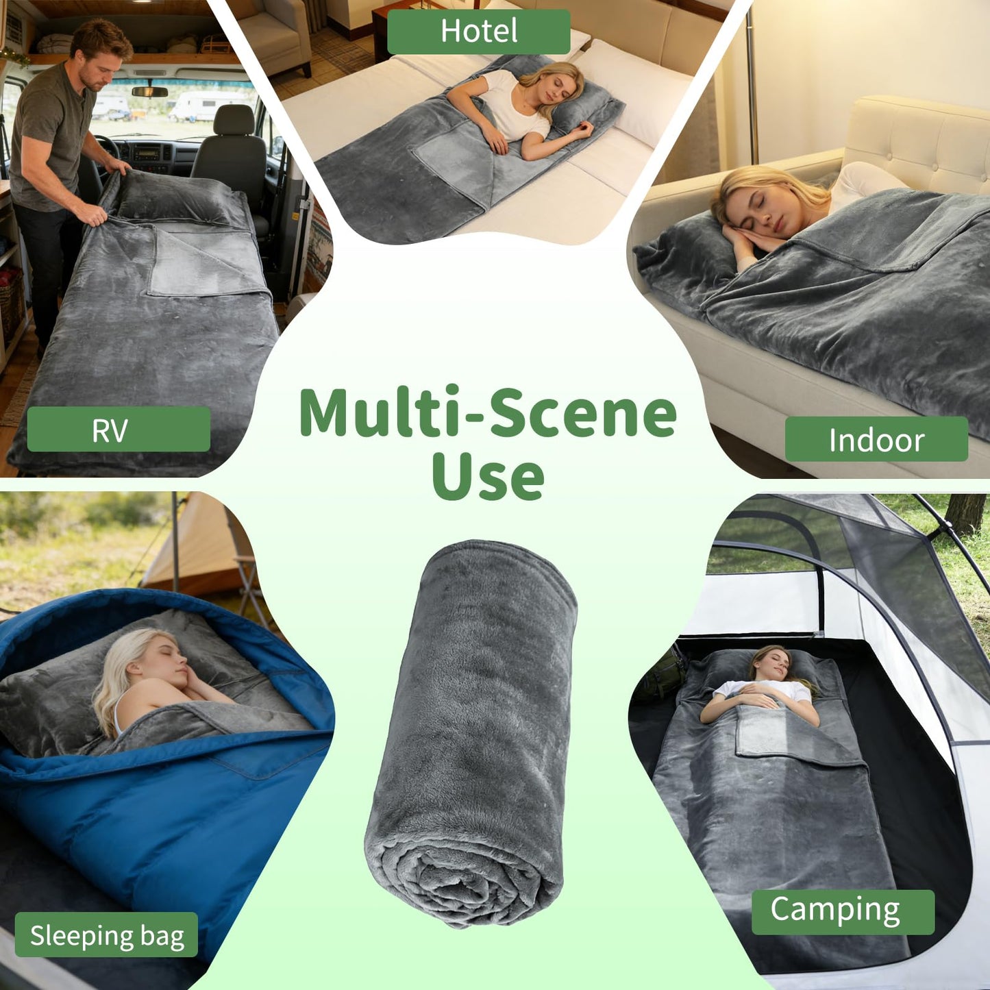 Tuphen Flannel Sleeping Bag Liner, XXL Fluffy Adult Sleeping Sack with Hidden Zipper for Warm or Cold Weather, Thick Travel Sheets for Hotel,Camping,Backpacking,Traveling & Dirty Proof,Gray,86 x 41‘’