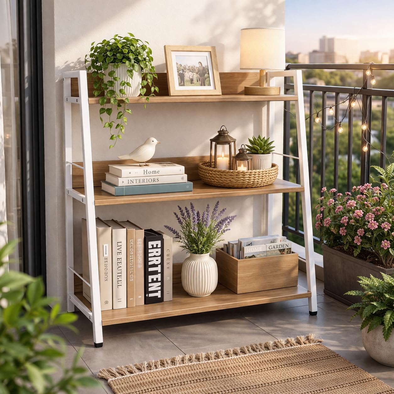 YCICI 3 Tier Bookshelf, Small Bookshelf for Small Spaces, Wood and Metal Bookcase, Open Shelf Organizer, Modern Storage Shelf for Living Room and Office (White, Ladder)