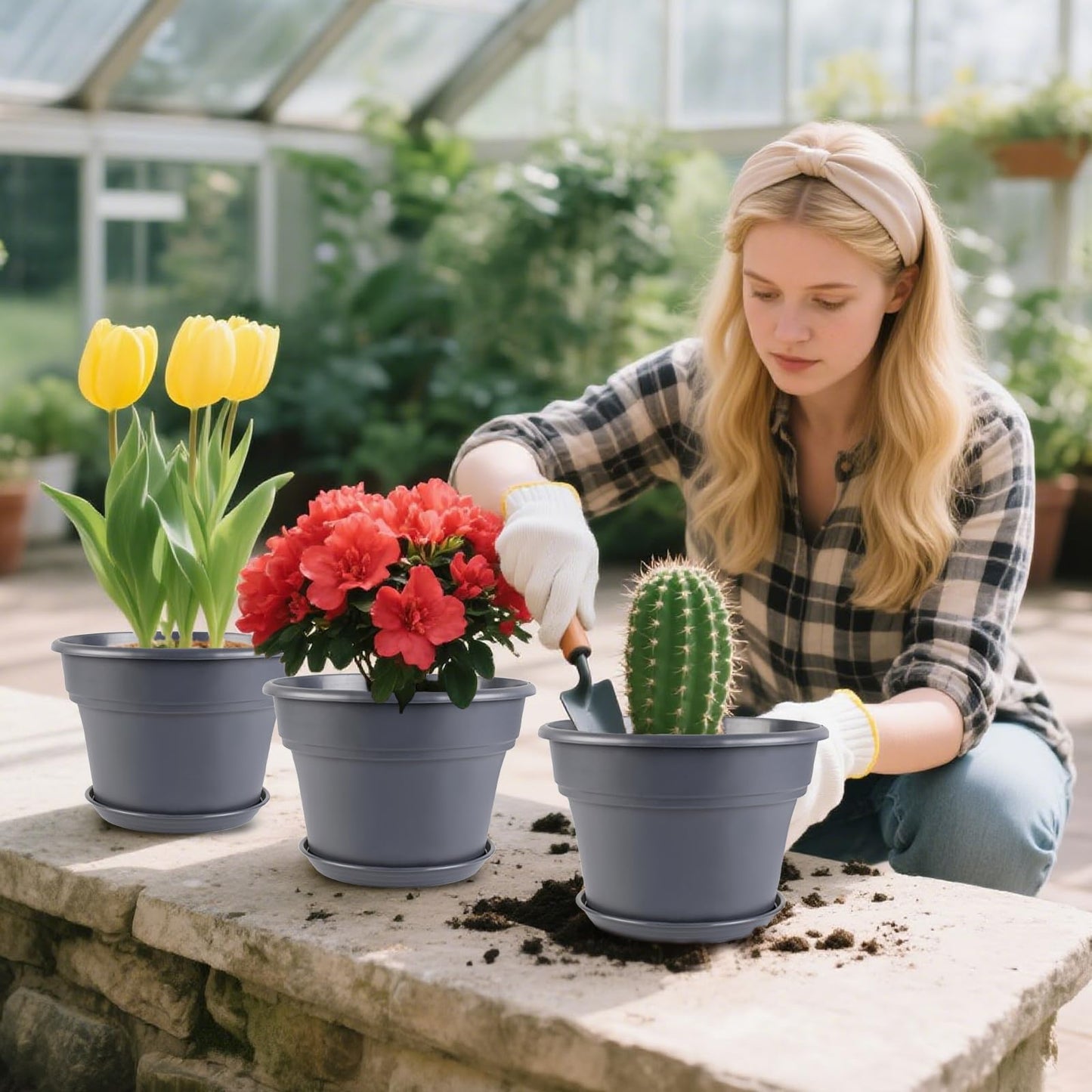Myfeegoin 10-inch-Plant-Pots-Indoor-Outdoor, 4 Pack Plastic Planters with Drainage Holes & Saucers, Resin Flower Pots with Trays, Classic Garden Pot Container for House