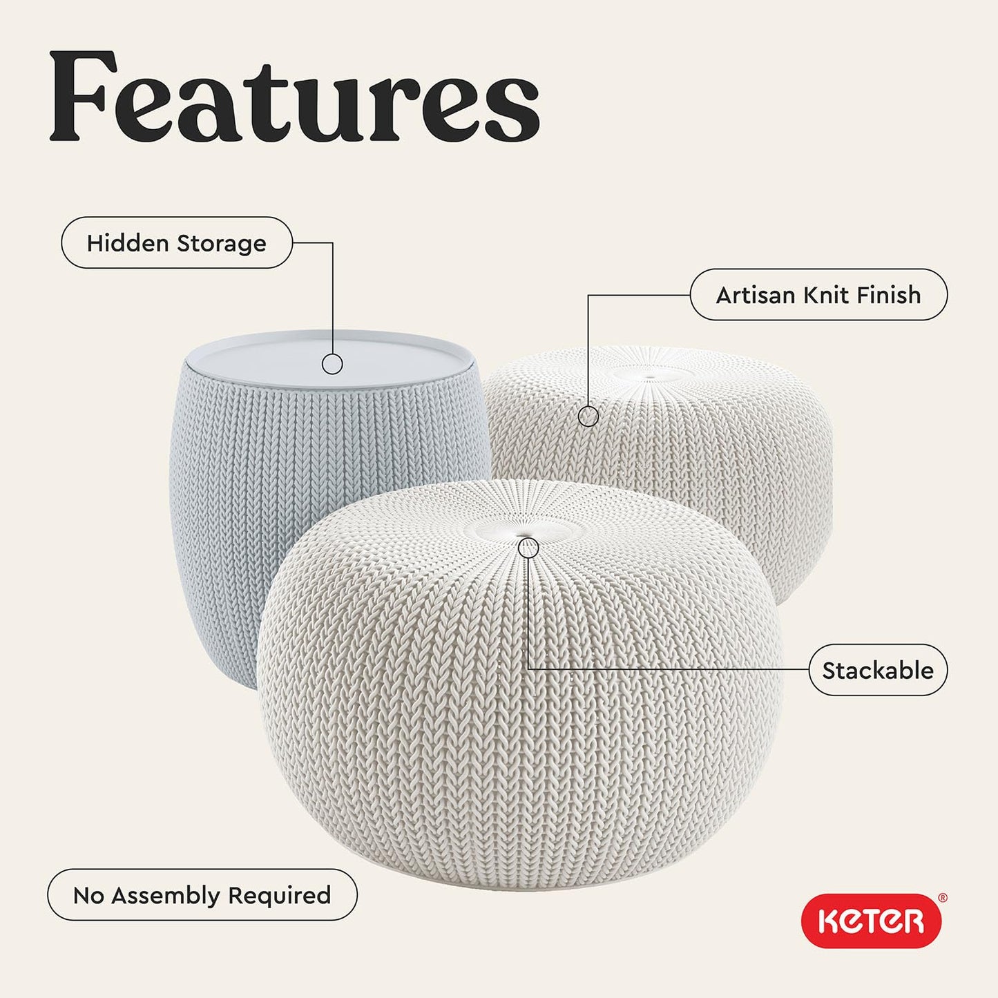 Keter Urban Knit Pouf Ottoman Set of 2 with Storage Table for Patio and Room Décor - Perfect for Balcony, Deck, and Outdoor Seating, Grey & White