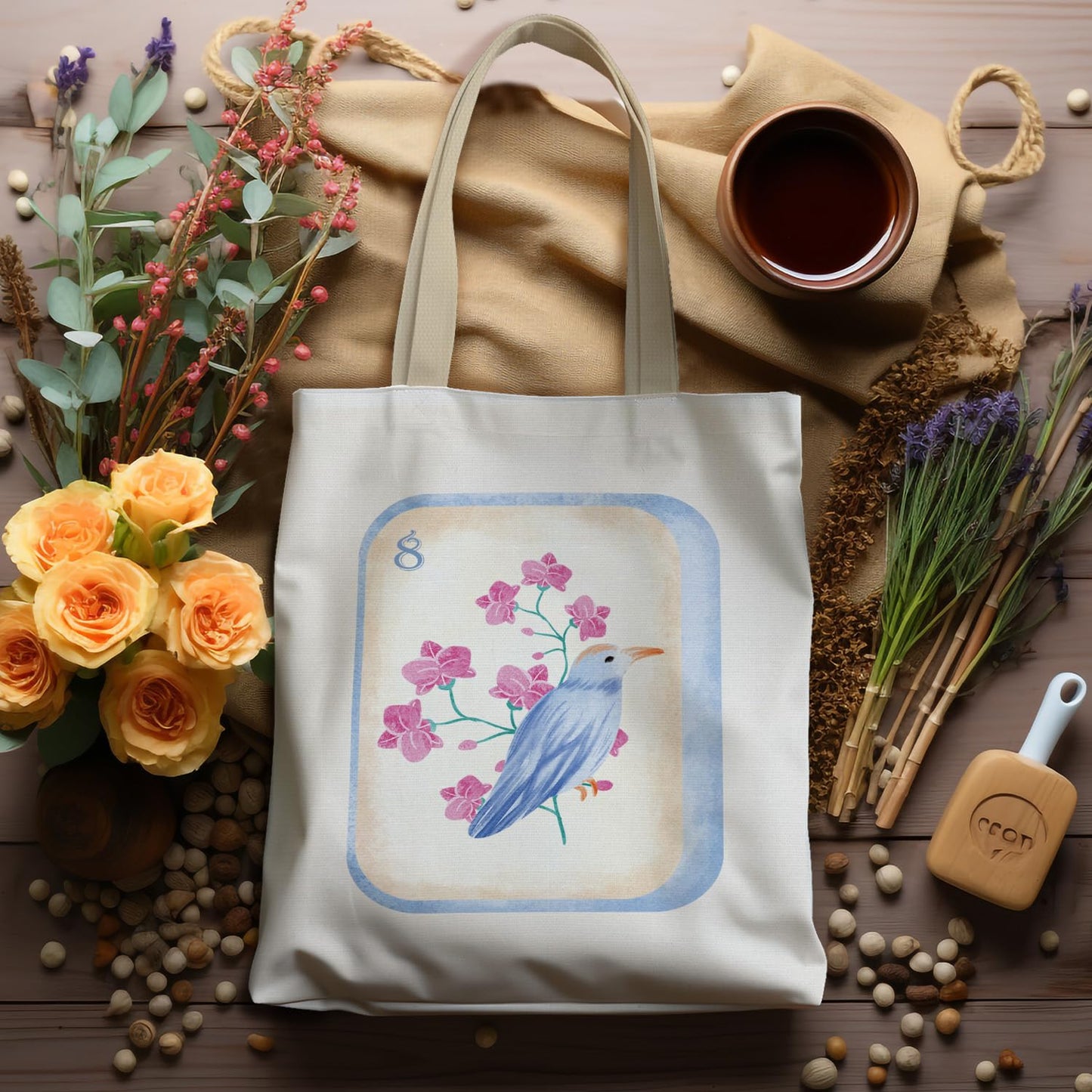 APJYM Chinoiserie Floral Bird Mahjong Tote Bag, Mahjong Gifts for Women Canvas Tote Bags, Gifts for Mah Jong Players Lovers Reusable Grocery Shopping Bags