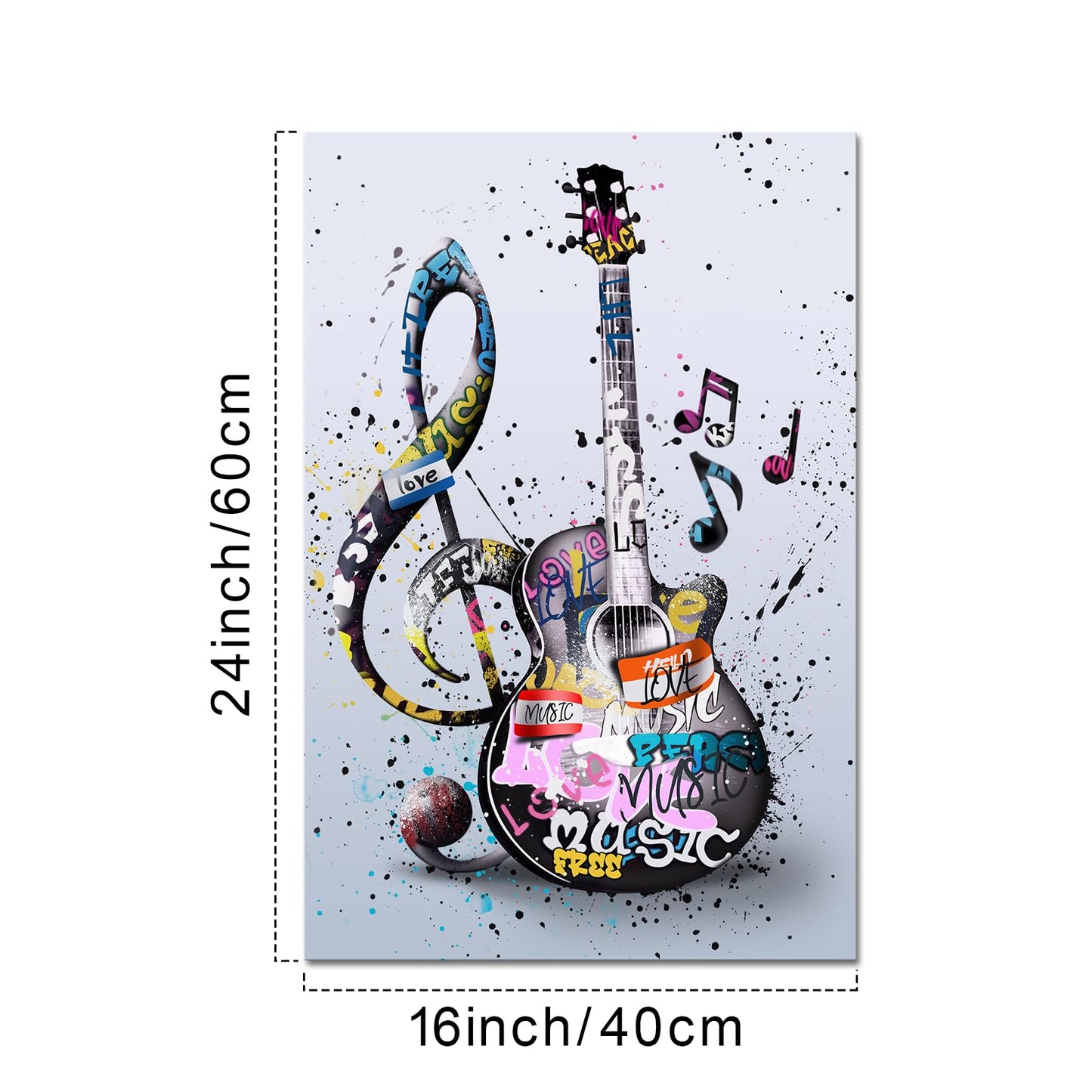 KREATIVE ARTS Guitar Canvas Painting for Music Studio and Room Decor Framed Artwork Graffiti Style Music Note Wall Art 16x24 Inch Stretched Canvas Ready to Hang
