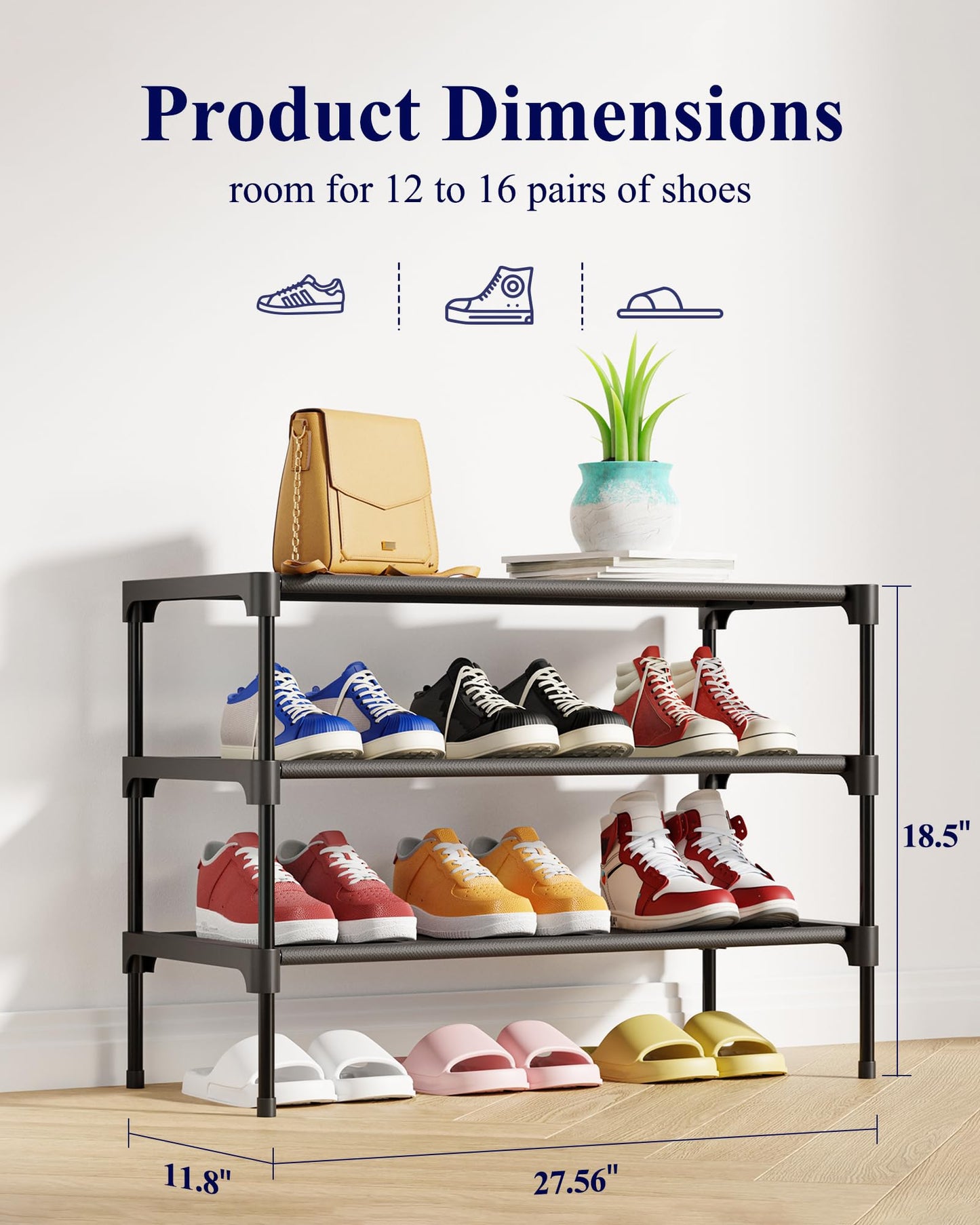 Kitsure Shoe Rack - Non-Woven Shoe Rack Shelf, Shoe Organizer for Closet, Entryway, Garage & Corridor, Stackable Shoe Shelves, 27.5" Wide - 3 Tier, Black