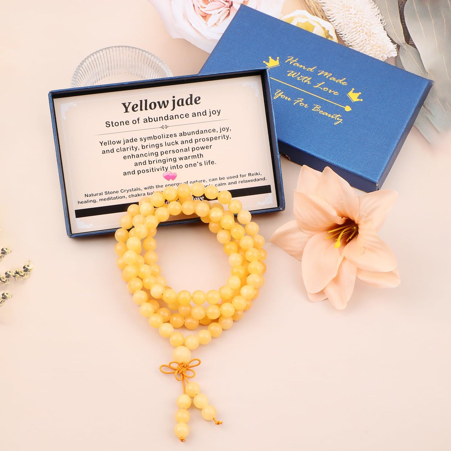 AD Beads 8mm 108 Prayer Mala Yellow jade Elastic Bracelet - Abundance and Joy - Handmade Yoga Meditation Healing Power Energy Gifts for Unisex Adult.