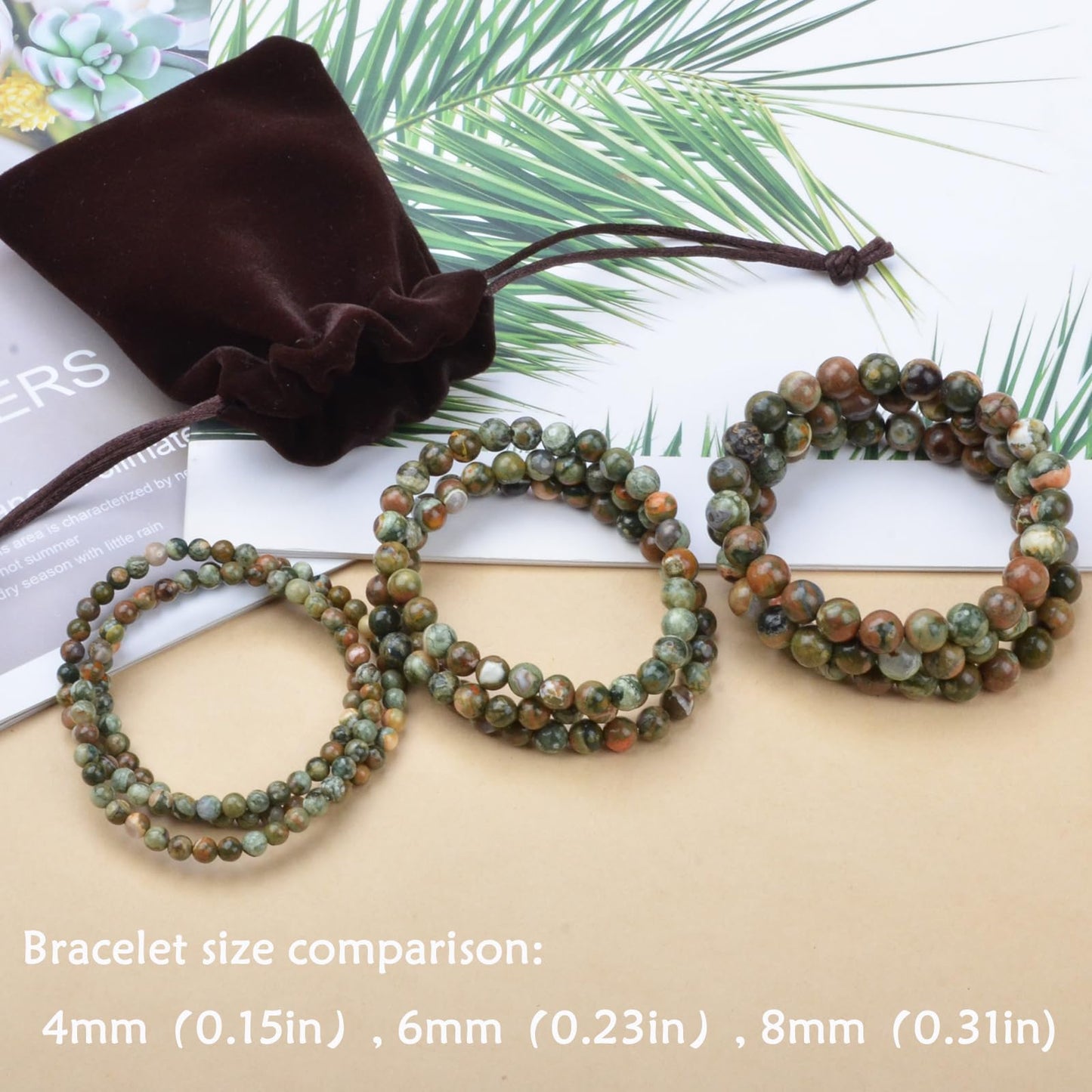 CHCCOYE 4mm Natural Healing Gemstone Bracelet Handmade Yoga Stretch Elastic Bracelet Stress Relief Crystal Jewelry for Men and Women (4mm, Green Rainforest Jasper)