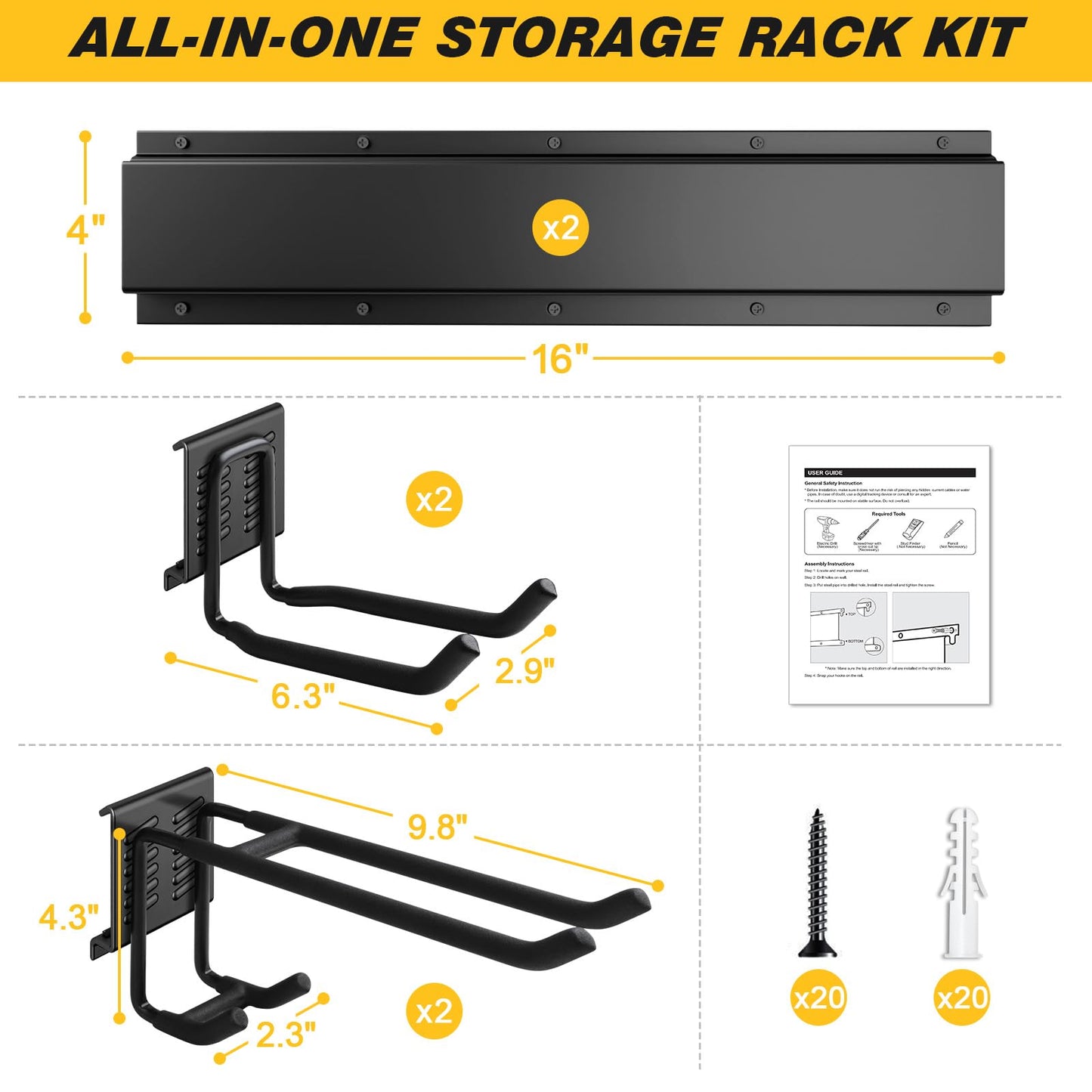 UUP 32 Inches Garage Storage, Garage Organization, Wall Mount Garden Tool Organizer, Max 300lbs Adjustable Metal Hooks, Yard Shed Hanging Rack, Heavy Duty Shelving for Rake Broom Mop Snowboard