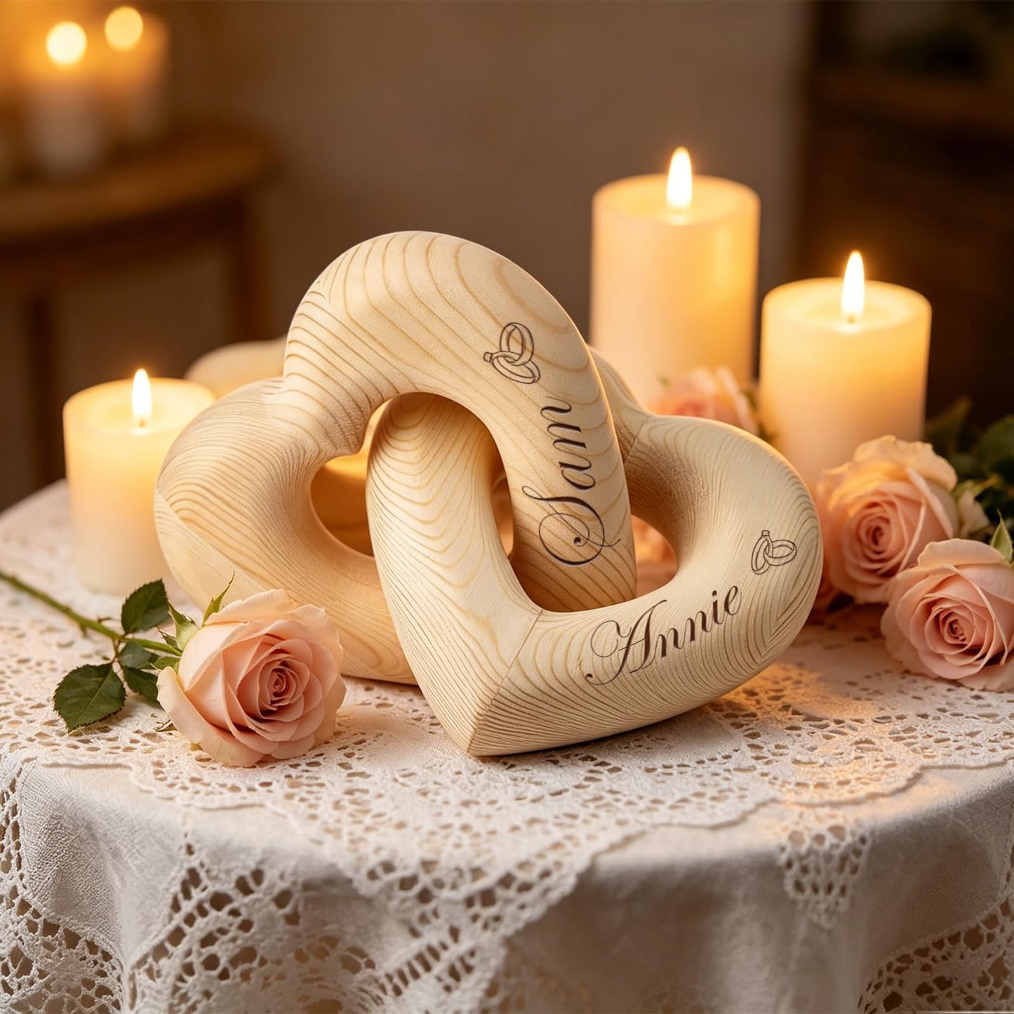 Personalized Wooden Hearts with Names – Infinity Heart Sculpture, Custom Laser Engraved Wooden Hearts for Couples, Romantic Wedding & Anniversary Keepsake, Sentimental Home Décor Accents