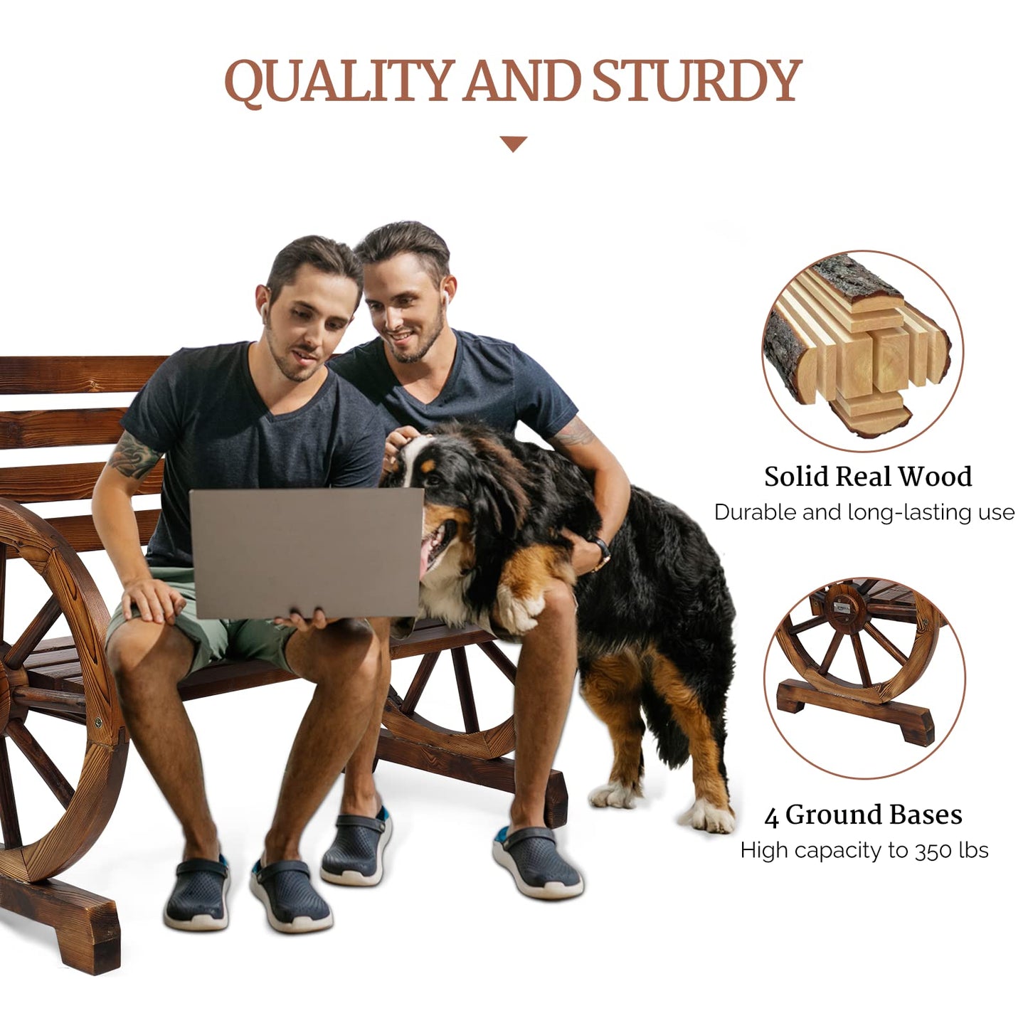 VINGLI Rustic Wooden Wheel Bench Outdoor Bench, Patio Bench Wagon Slatted Seat, Garden Benches for Outdoors 350lbs High Capacity, Weather Resistance (Rustic, 41in)