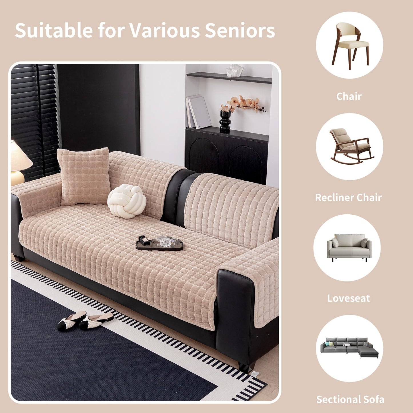 MDSASFD Velvet Couch Cover, Washable Sectional Sofa Cover, Anti Slip Sofa Slipcovers for 3 Cushion Couch Sofa L Shaped Recliner, Furniture Protector Covers for Pets Kids(Khaki, Only 1 PCS)