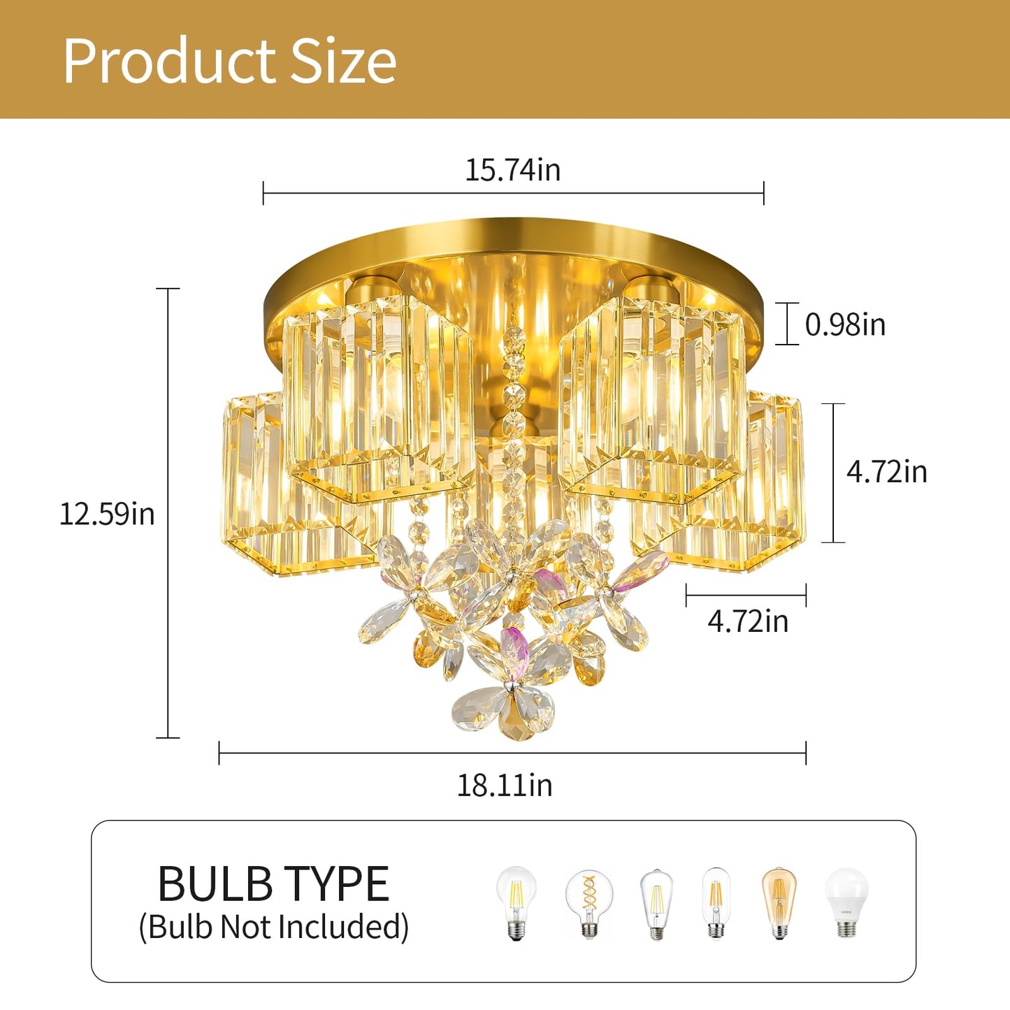 zhllmq 5 Light Gold Crystal Ceiling Light Flush Mount Ceiling Light Crystal Close to Ceiling Light Fixtures for Living Room Bedroom Kitchen Hallway