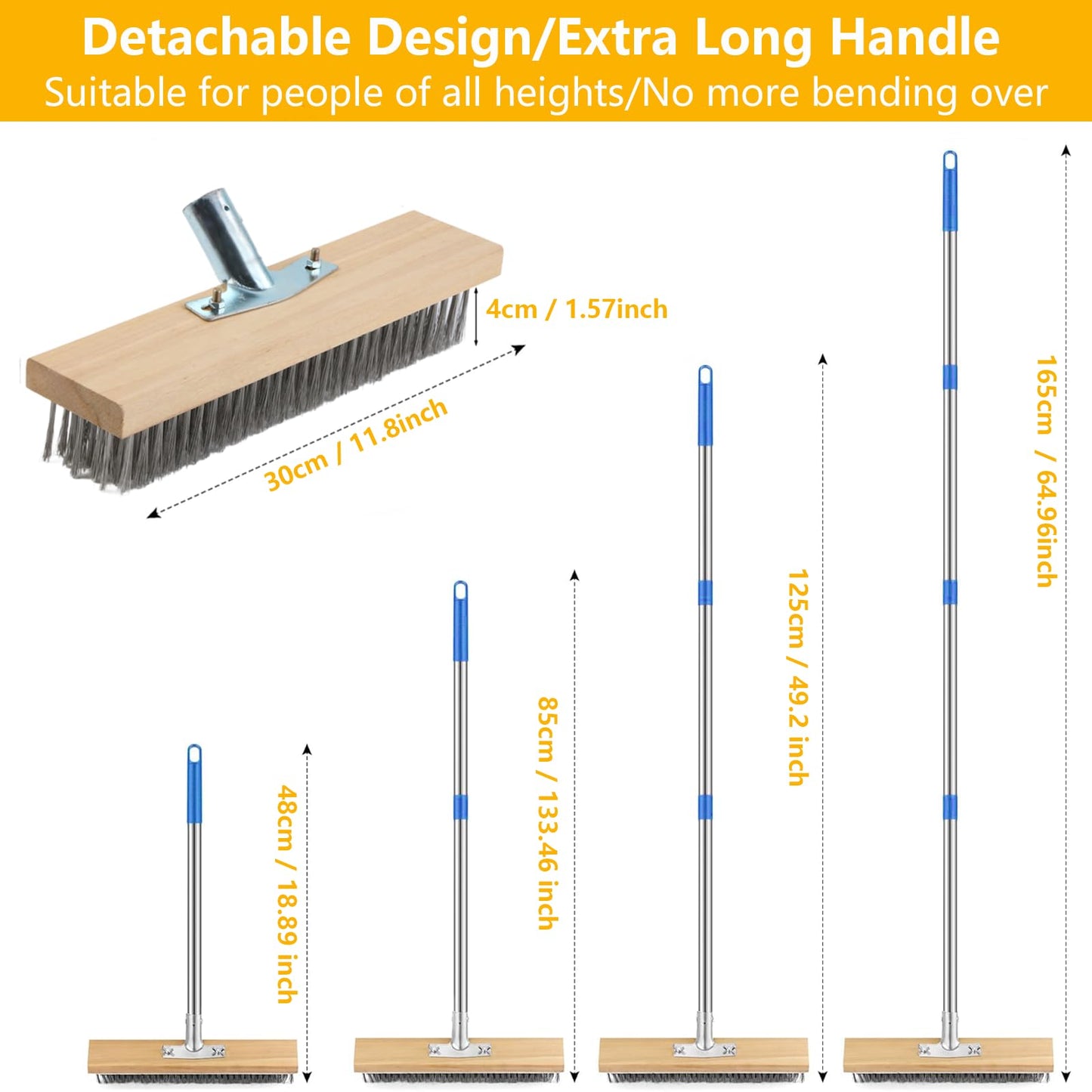 Stainless Steel Deck Brushes for Scrubbing Heavy Duty, 65" Deck Scrub Brush with Long Handle - Concrete Scrub Brush Stiff Metal Bristle Concrete Brush for Cleaning Moss Patio Garage Garden Pool Floor
