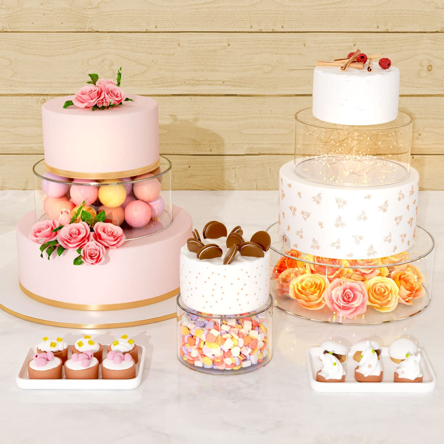 NPPLUS 2PCS Acrylic Fillable Cake Stand Cake Riser Cake Tier, Round Cylinder Display Riser Display Box, Decorative Centerpiece for Wedding Birthday Party (10" Dx4 H inch, 6" Dx4 H inch)
