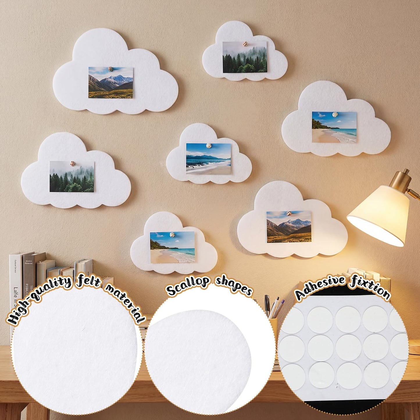 YooNotee 12 Pcs Cloud Felt Wall Decor Self-Adhesive Felt Bulletin Board 10" 9" 7" for Nursery Boho Aesthetic Room Decor Pin Board Wall Hanging for Bedroom Dorm Classroom Playroom