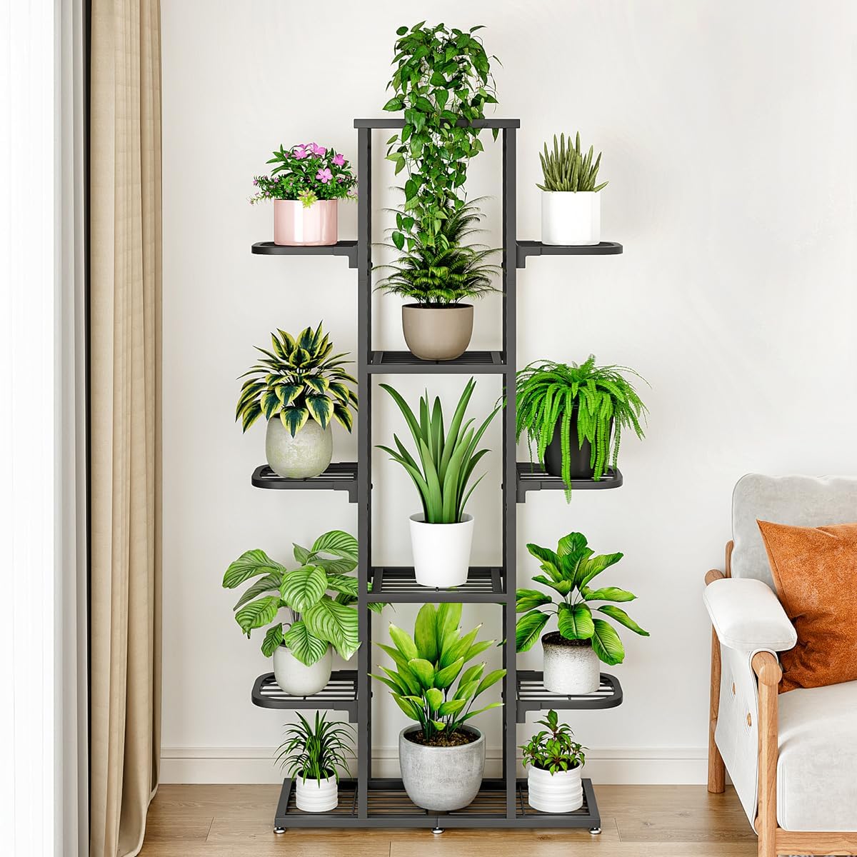Space-Saving Metal Plant Shelf - 7-Tier Heavy-Duty Corner Stand for Indoor & Outdoor Use, Waterproof Display Rack for Living Room, Balcony, Patio - Durable Home Hardware Bracket, Dark Gray, 7 Layers
