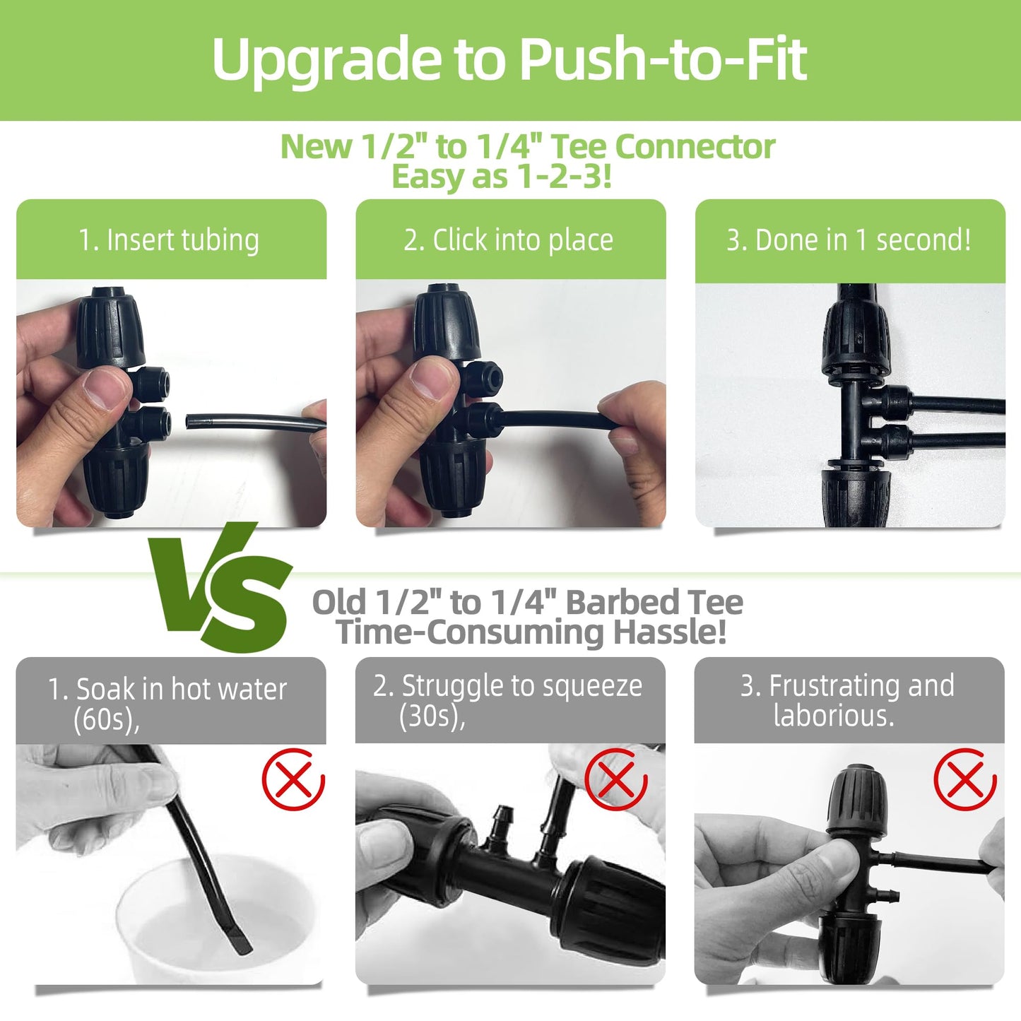 6 Pack 1/2'' to 1/4'' Drip Irrigation Fittings, Push-to-Connect 4 Way Drip Irrigation Part Barbed Tee Connectors, Anti-Leak Locked Splitter Fitting for 1/2" Irrigation Tubing (0.6''-0.67''OD)
