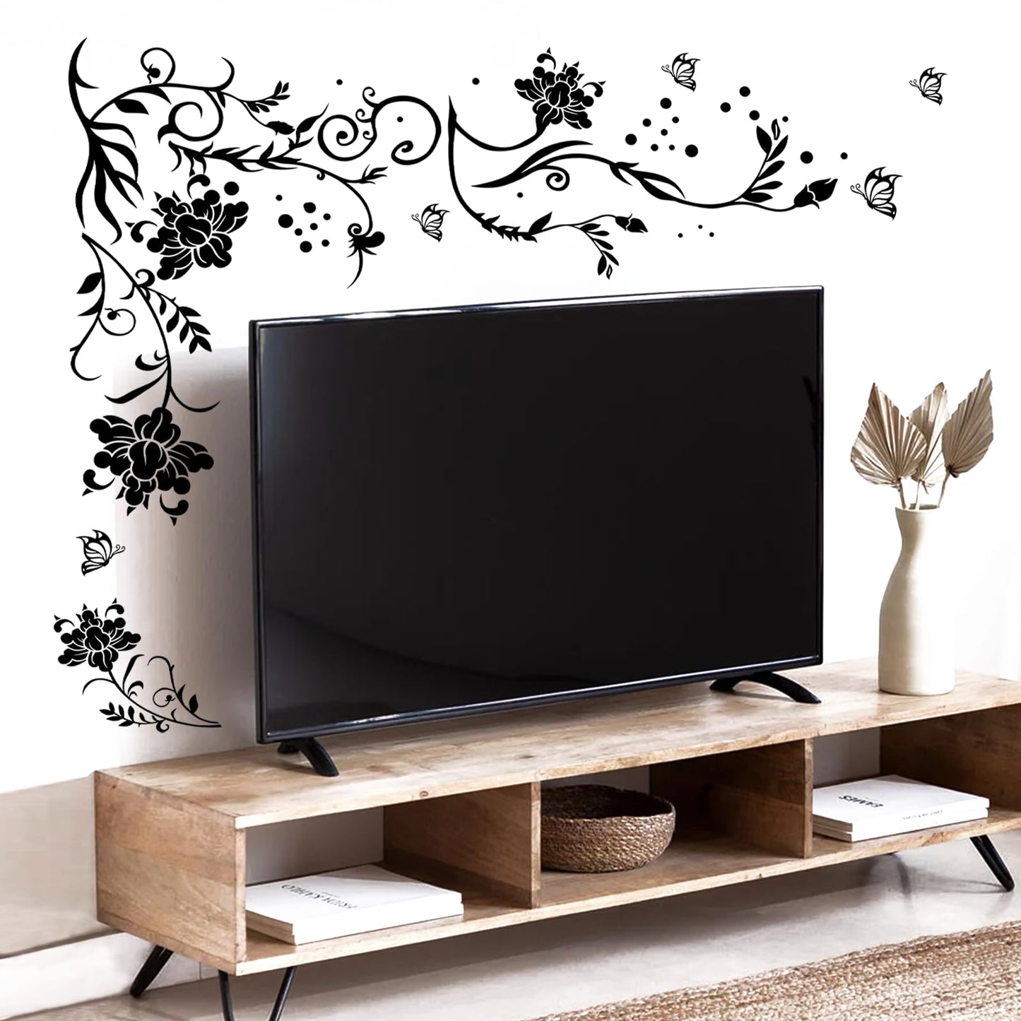 Supzone Flowers & Butterflies Wall Decals - DIY Black & Floral Wall Stickers for Bedrooms & Living Rooms