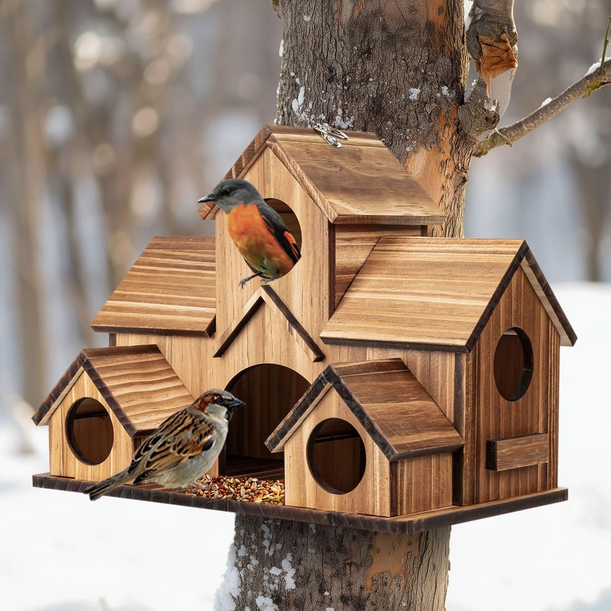 GLOPHOK Bird Houses for Outside, 5-Hole Wooden Birdhouse for Bluebirds Finch Swallow Wren Chickadee Hummingbird, Hanging Bird House for Outdoor Clearance Garden Courtyard
