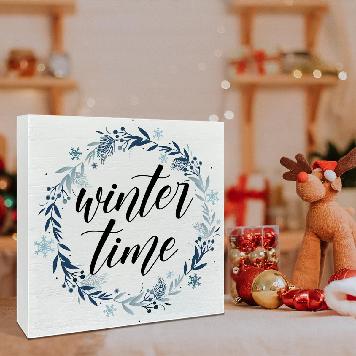 Wooden Box Sign, Snowflake Table Decor, Xmas Decoration for Kitchen, Living Room, Home - Winter Time