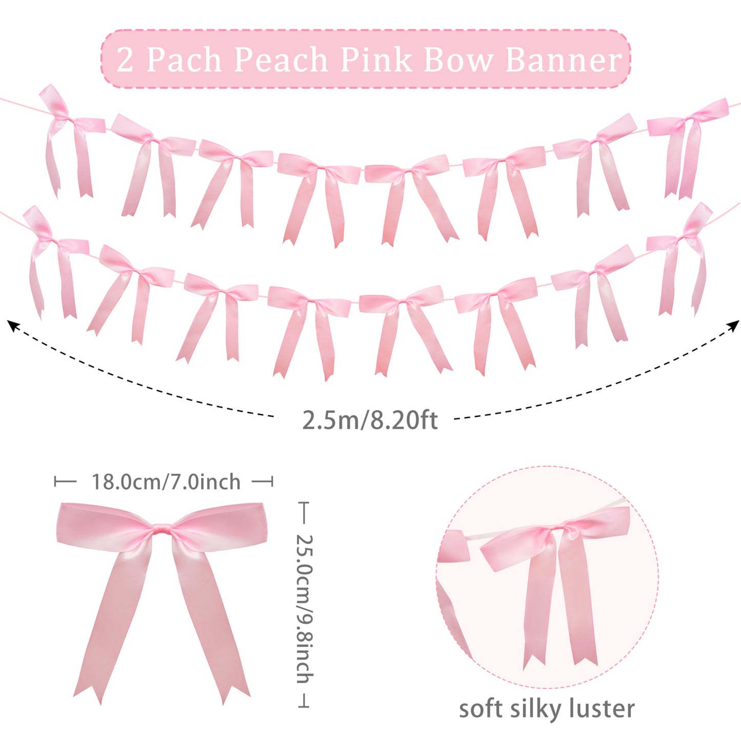 2pcs Pink Bow Garland Banner, Satin Ribbon Decorations for Coquette Theme Birthday and Bridal Shower Party Decor (Bow)