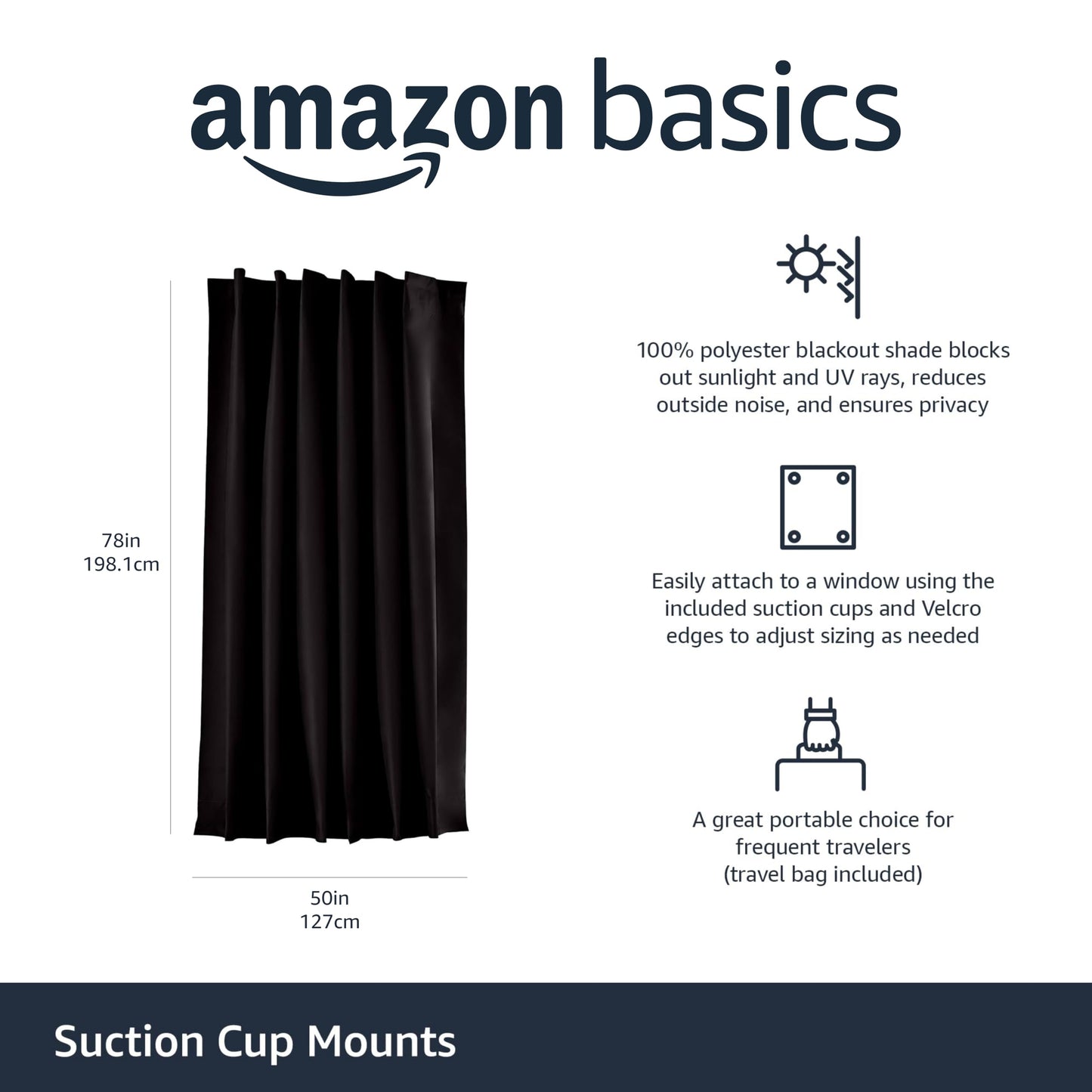 Amazon Basics Portable Blackout Curtain Shade with Suction Cups, Noise Reducing, Energy Saving, 50" W x 78"L, Black, 1-Pack