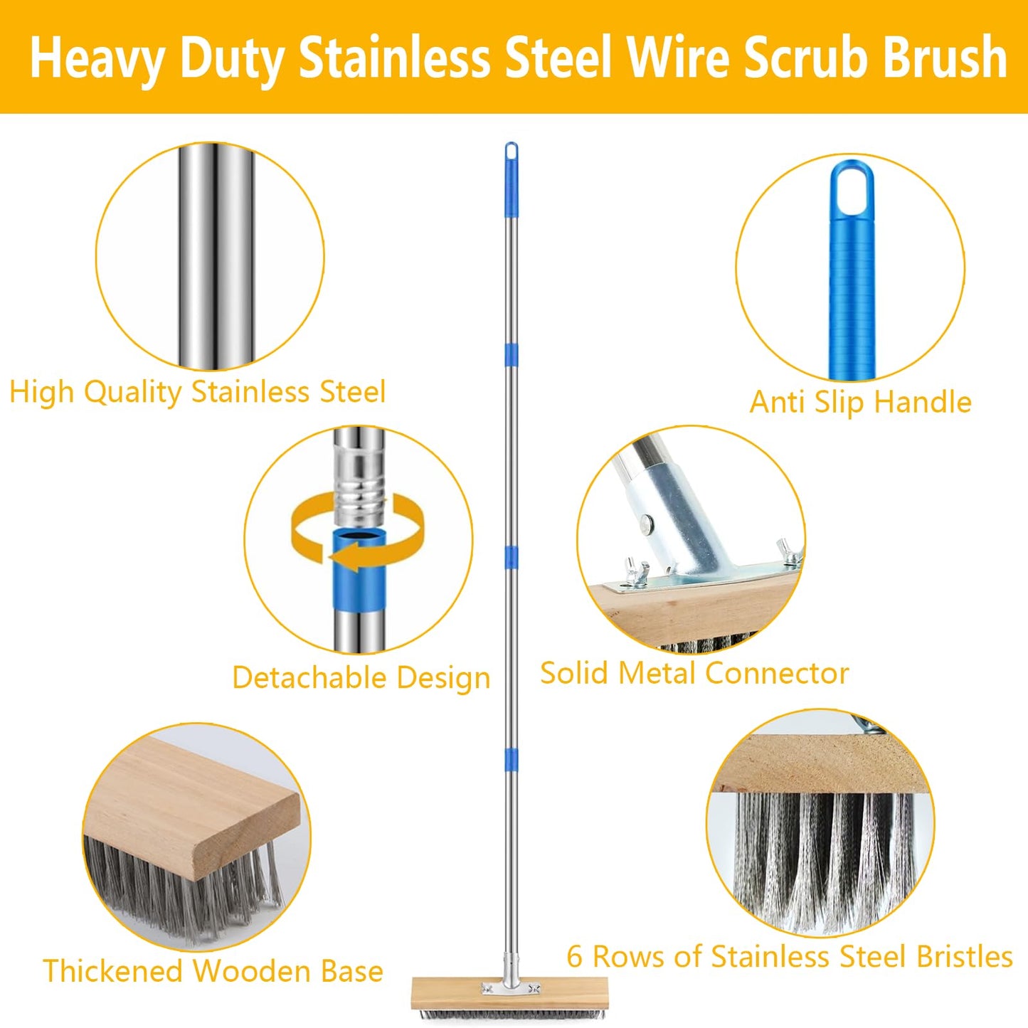 Stainless Steel Deck Brushes for Scrubbing Heavy Duty, 65" Deck Scrub Brush with Long Handle - Concrete Scrub Brush Stiff Metal Bristle Concrete Brush for Cleaning Moss Patio Garage Garden Pool Floor