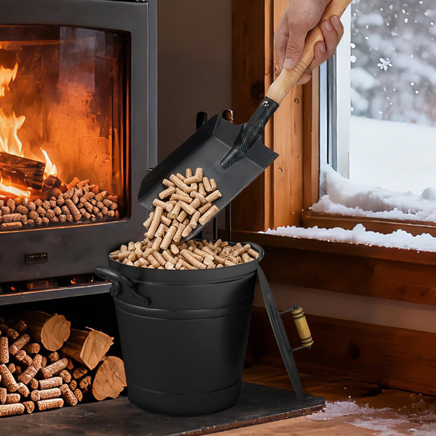 COSTWAY Ash Bucket with Lid Set of 2, 2.9 Gallon Metal Coal Ash Can w/Wooden Lid, Side Grips, Indoor & Outdoor Fireplace Ash Tool Cleaning Bucket for Fireplace Fire Pits Wood Burning Stoves, Black