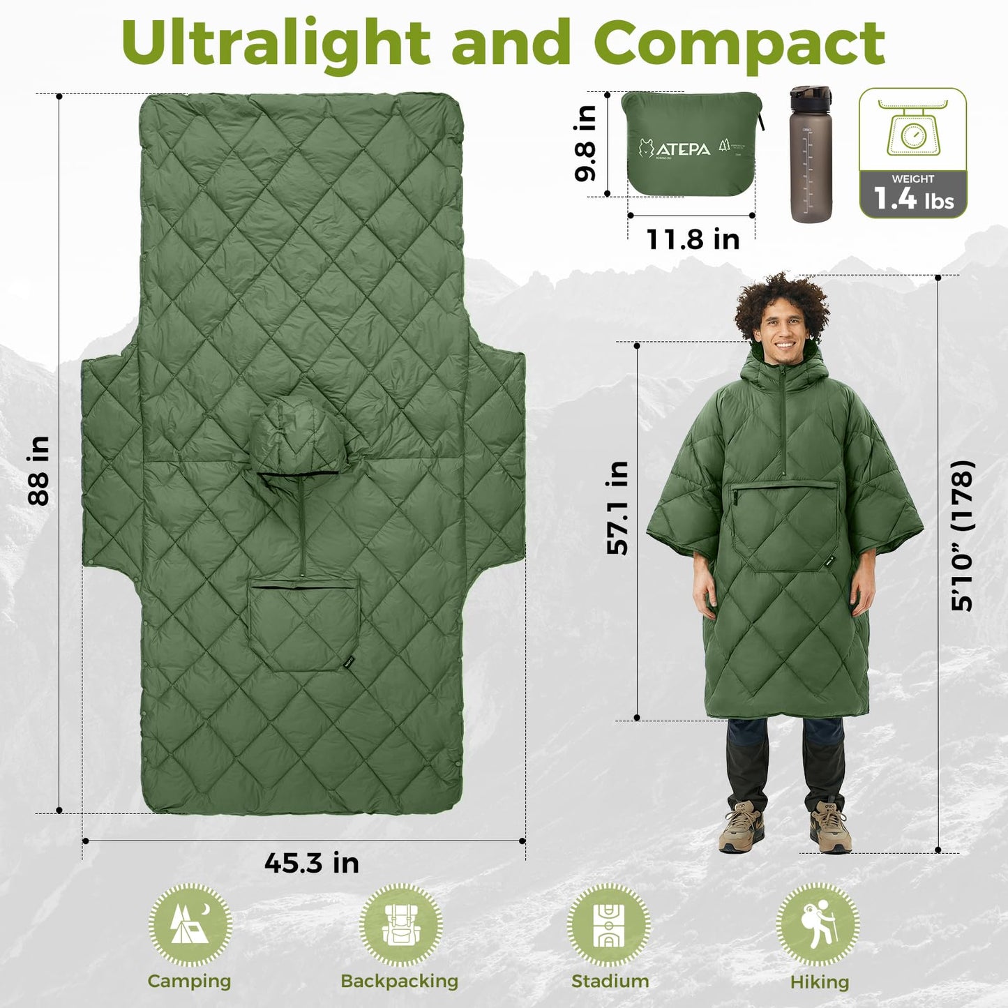 ATEPA Wearable Sleeping Bag, Recycled Insulated Water-Resistant Camping Blanket Poncho, Ultralight Packable Hooded Stadium Blanket for Outdoor Sports Fishing Backpacking Hiking Cold Weather, Green