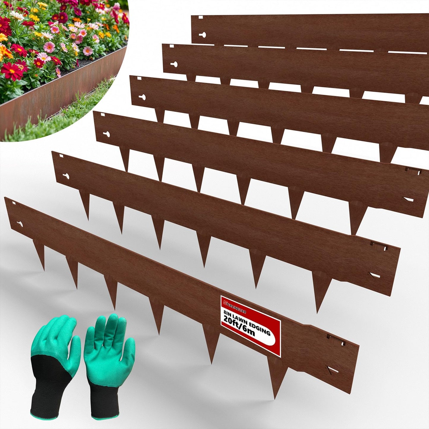 20ft (6-Pack) Cor-Ten Steel Landscape Edging – 40" x 8" Flexible Pre-Applied Rust Patina Garden Border