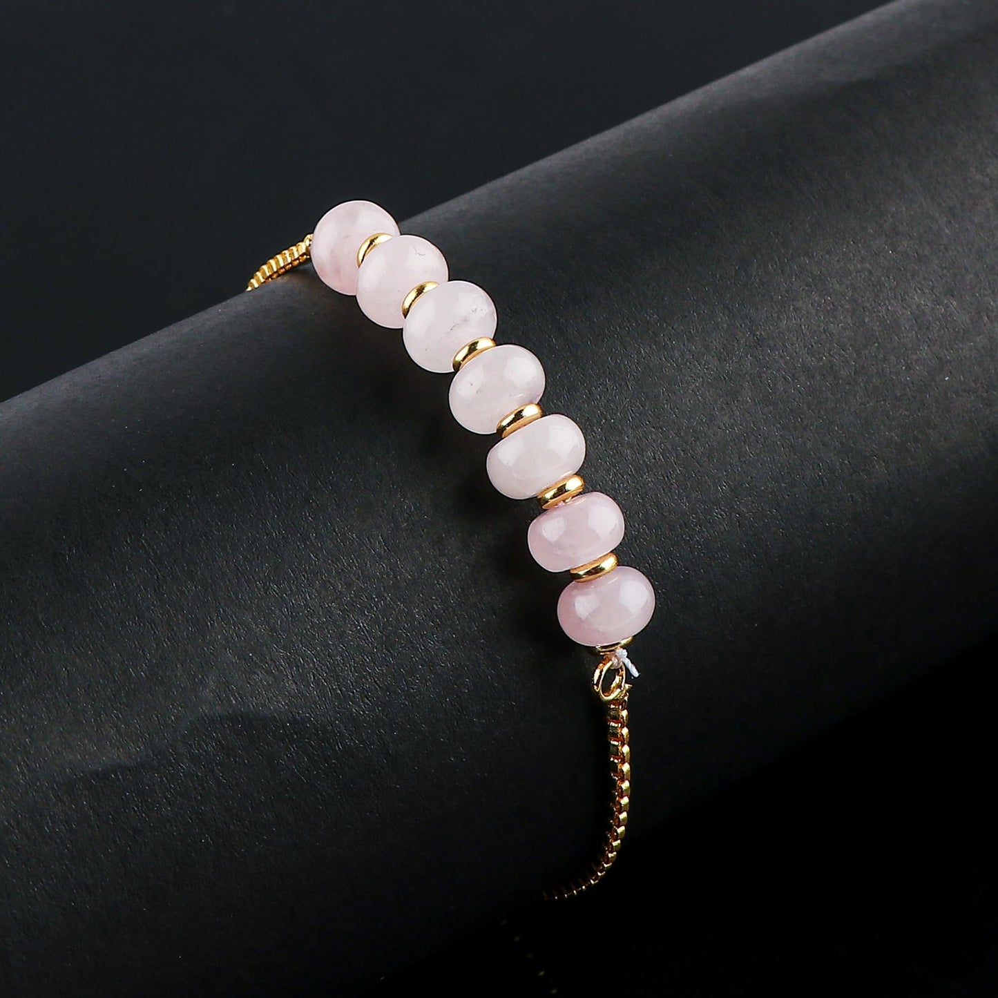 TGH Natural Rose Quartz Gemstone Rondelle Beads Bolo Bracelet Gold Plated Adjustable Slider Gift for Women Birthday Wedding Handmade Christmas Gifts (Rose Quartz Shade)