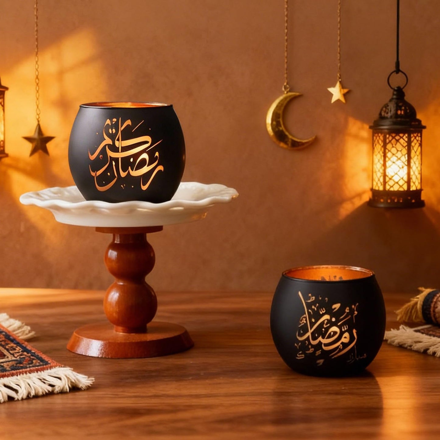 Eid Mubarak Decorations Indoor, Arabic Calligraphy 4 Pcs Laser Etched Glass Tealight Candle Holders, Ramadan Kareem & Ramadan Mubarak Votive Holders for Table Decor, Islamic Gifts