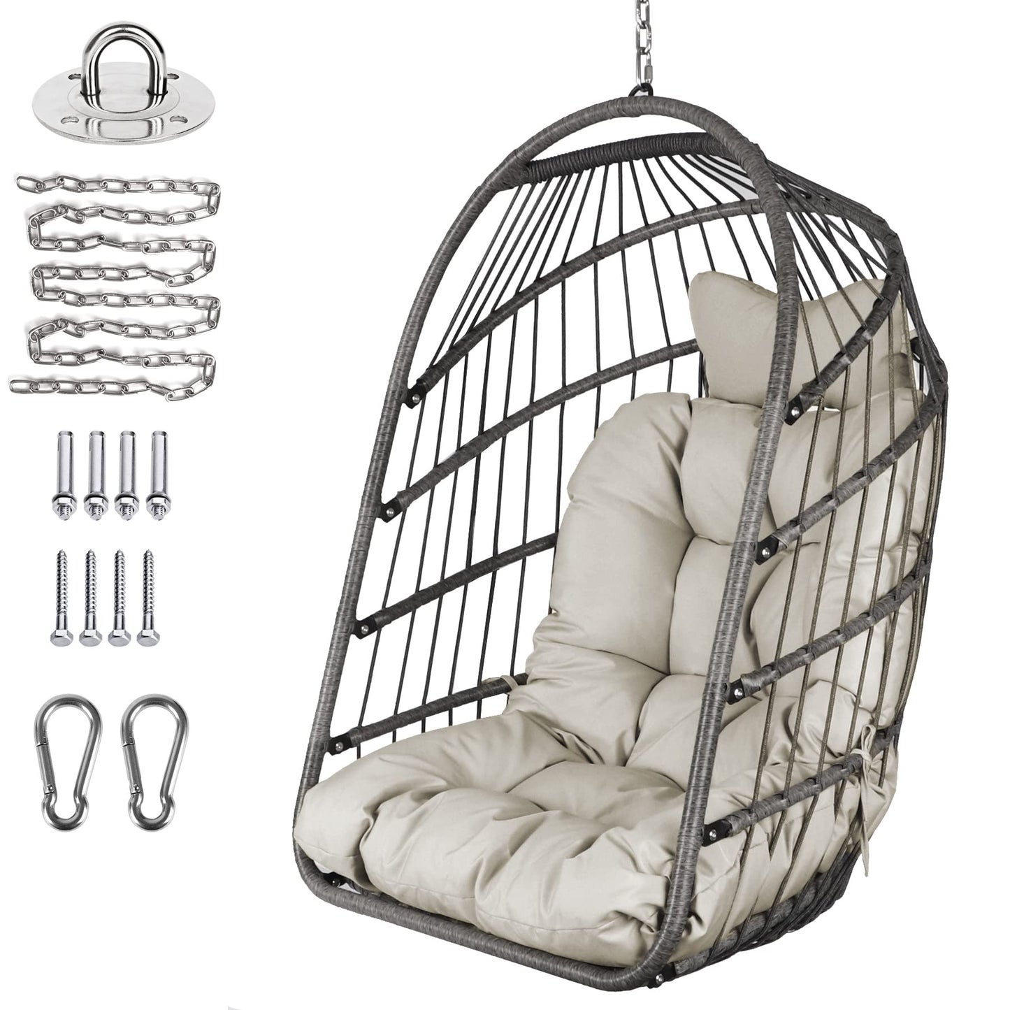 Chihee Egg Chair Foldable Wicker Rattan Hanging Swing Chair Indoor Outdoor Patio Wicker Chair Hammock Chairs with Stainless Steel Hanging Kit Chain Link UV Resistant Cushion Bedroom Balcony